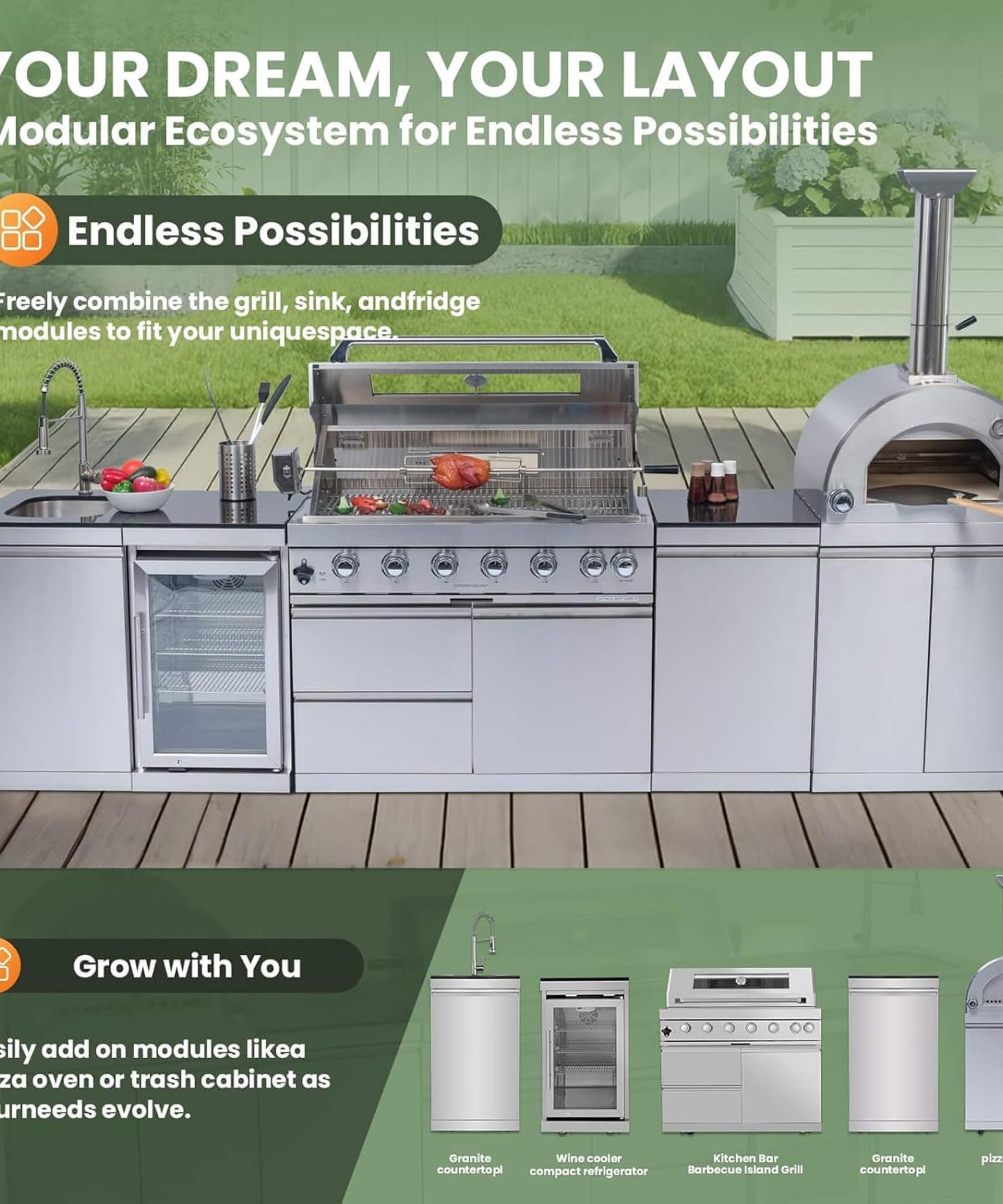 Blazon 128-Inch 6-Burner 120K BTU Outdoor Kitchen Island With Pizza Oven, Rotisserie & Refrigerator (SAK75770)