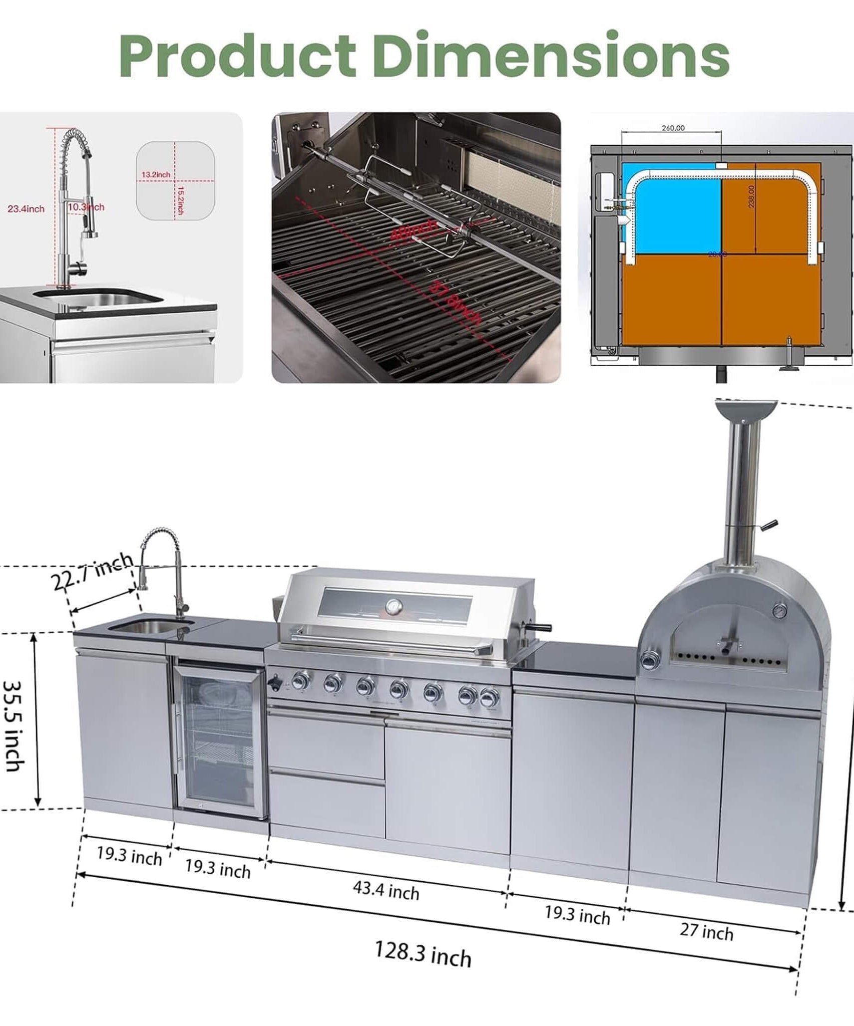Blazon 128-Inch 6-Burner 120K BTU Outdoor Kitchen Island With Pizza Oven, Rotisserie & Refrigerator (SAK75770)