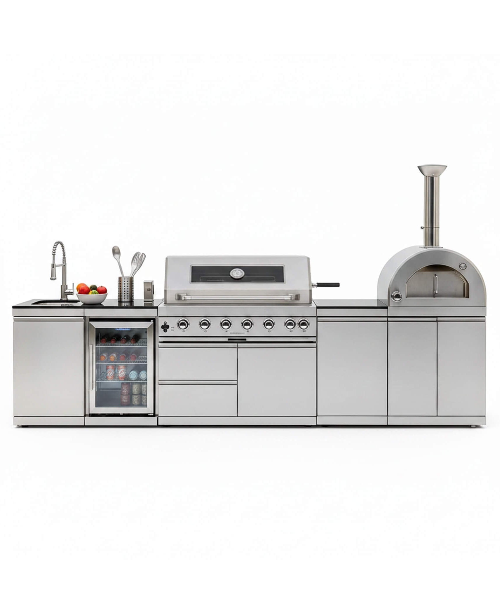 Blazon 128-Inch 6-Burner 120K BTU Outdoor Kitchen Island With Pizza Oven, Rotisserie & Refrigerator (SAK75770)