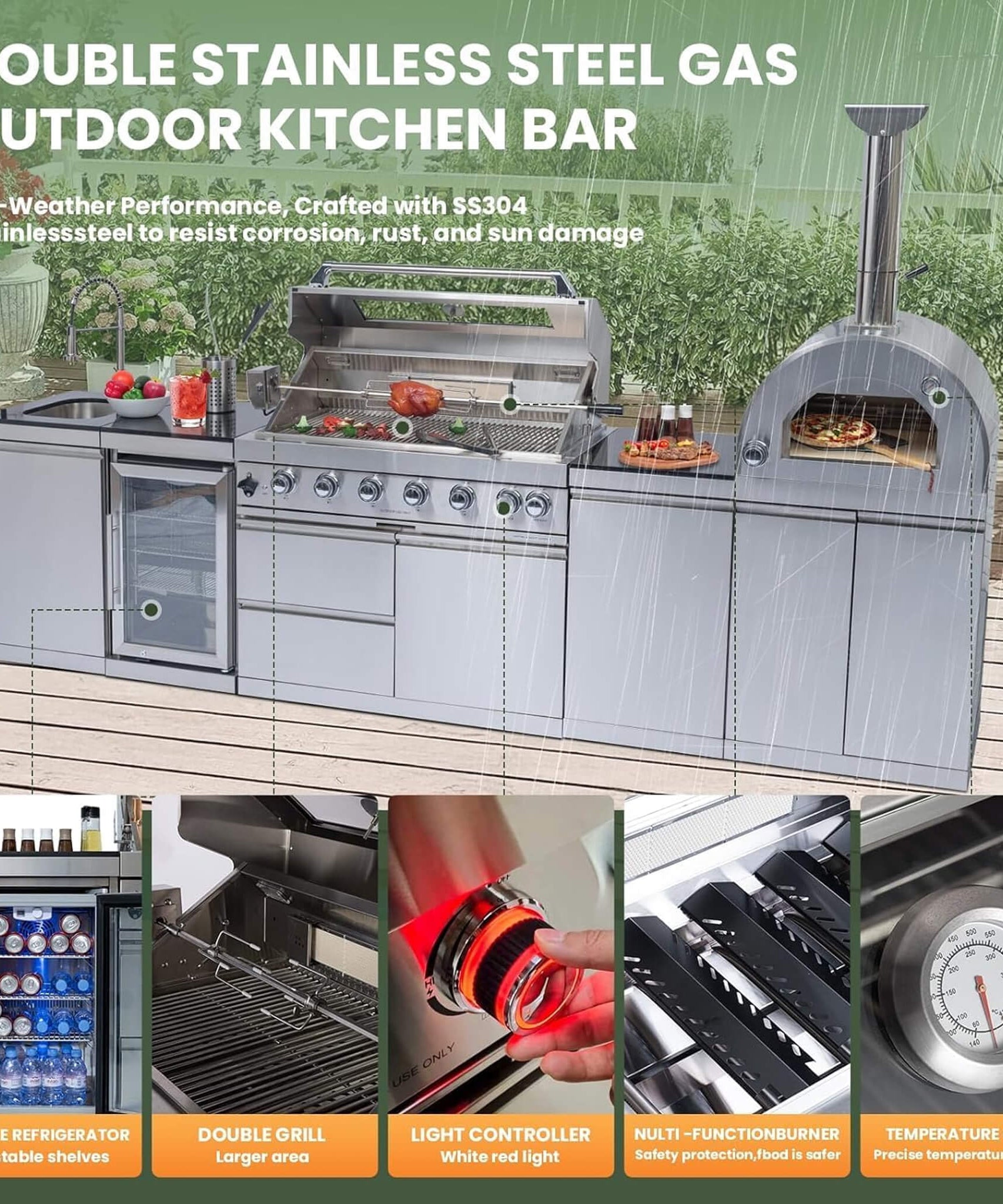 Blazon 128-Inch 6-Burner 120K BTU Outdoor Kitchen Island With Pizza Oven, Rotisserie & Refrigerator (SAK75770)