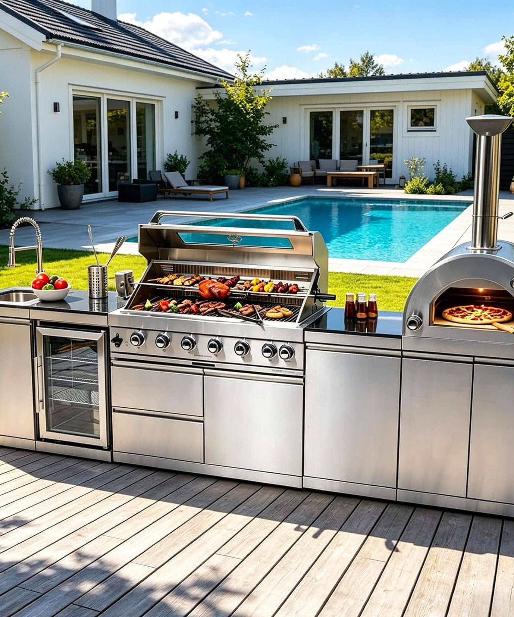 Blazon 128-Inch 6-Burner 120K BTU Outdoor Kitchen Island With Pizza Oven, Rotisserie & Refrigerator (SAK75770)