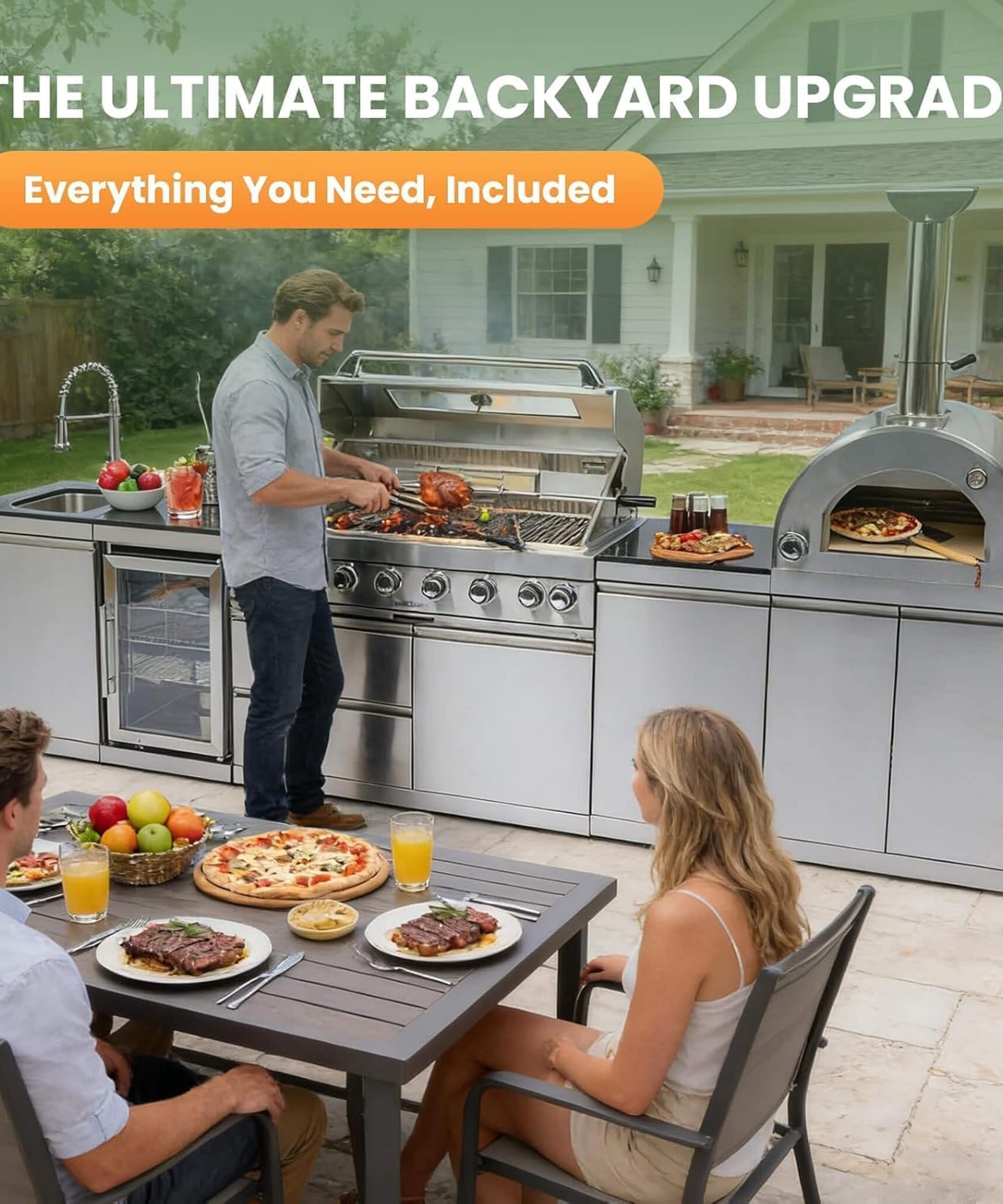 Blazon 128-Inch 6-Burner 120K BTU Outdoor Kitchen Island With Pizza Oven, Rotisserie & Refrigerator (SAK75770)