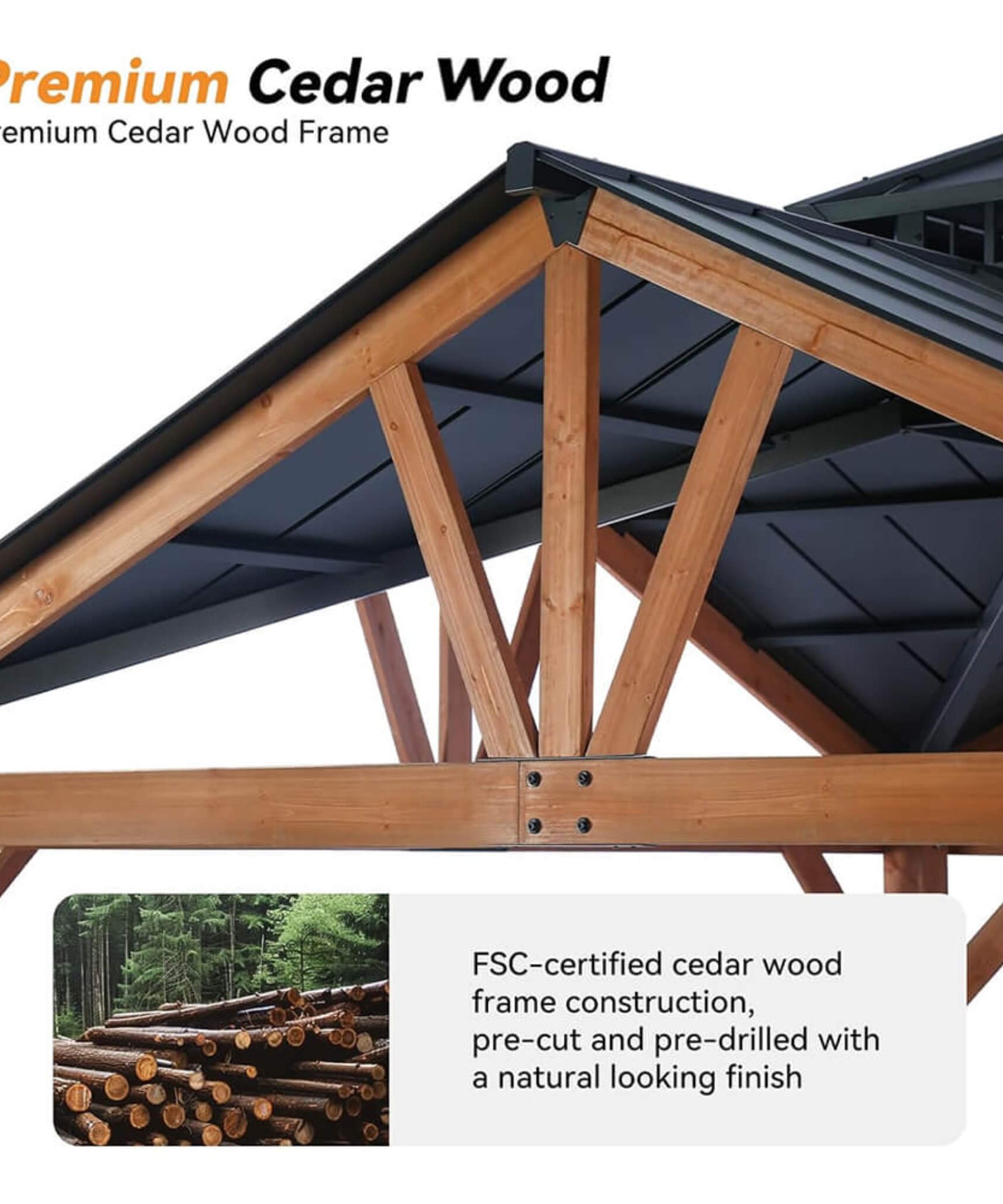 [12X12FT] Alora Premium Outdoor Cedar Wood Hardtop Gazebo With Galvanized Steel Roof (SAK31864)