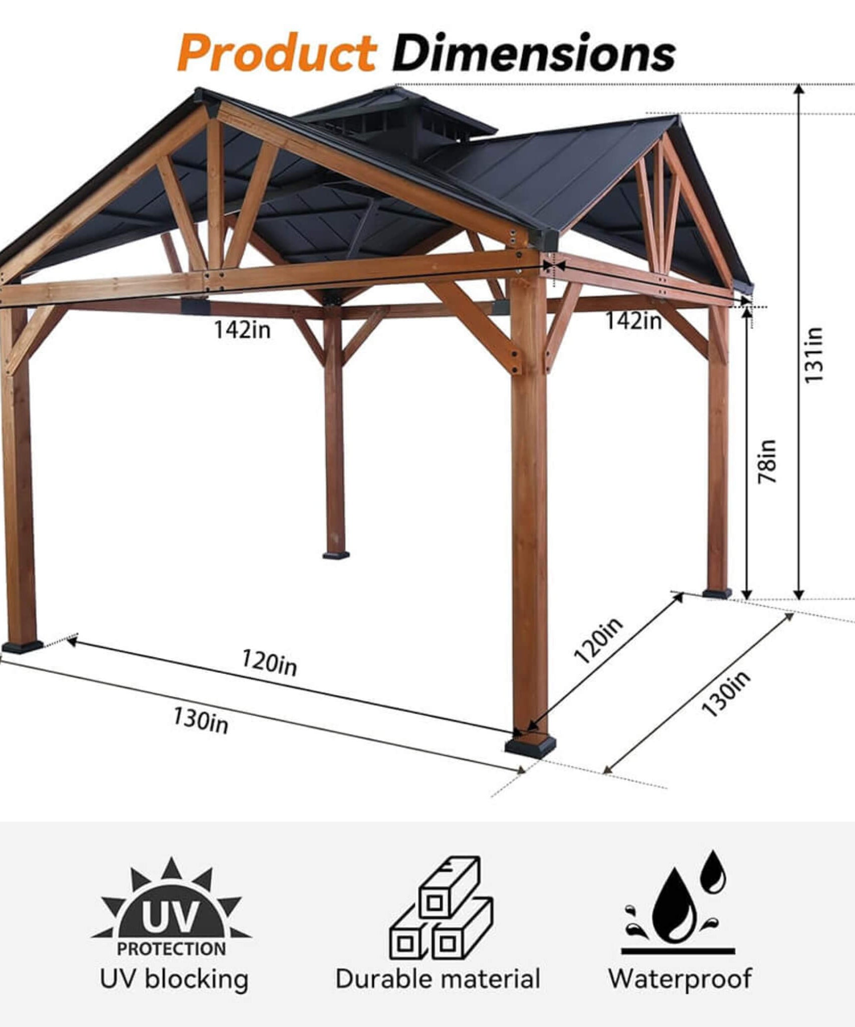 [12X12FT] Alora Premium Outdoor Cedar Wood Hardtop Gazebo With Galvanized Steel Roof (SAK31864)
