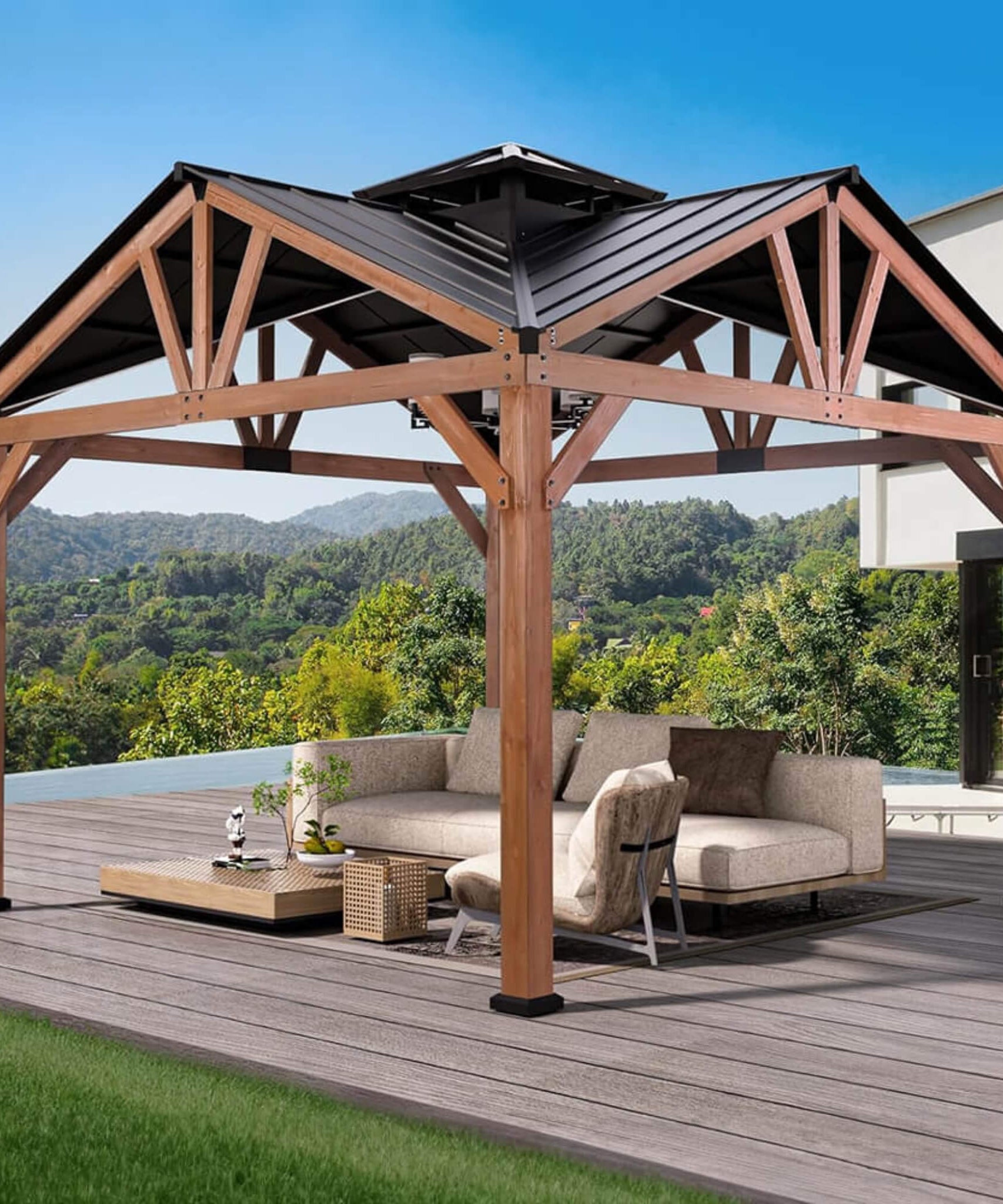 [12X12FT] Alora Premium Outdoor Cedar Wood Hardtop Gazebo With Galvanized Steel Roof (SAK31864)