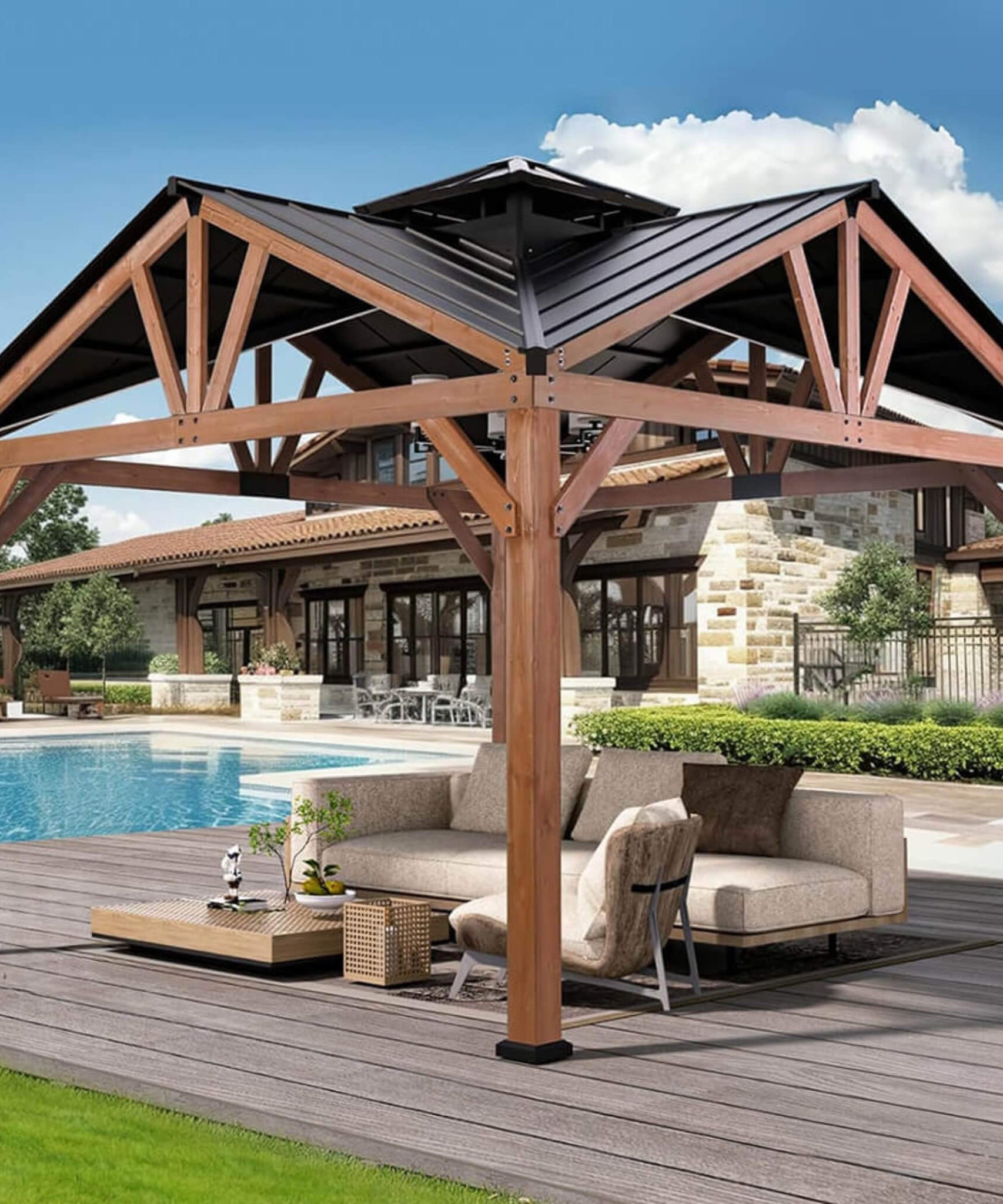 [12X12FT] Alora Premium Outdoor Cedar Wood Hardtop Gazebo With Galvanized Steel Roof (SAK31864)