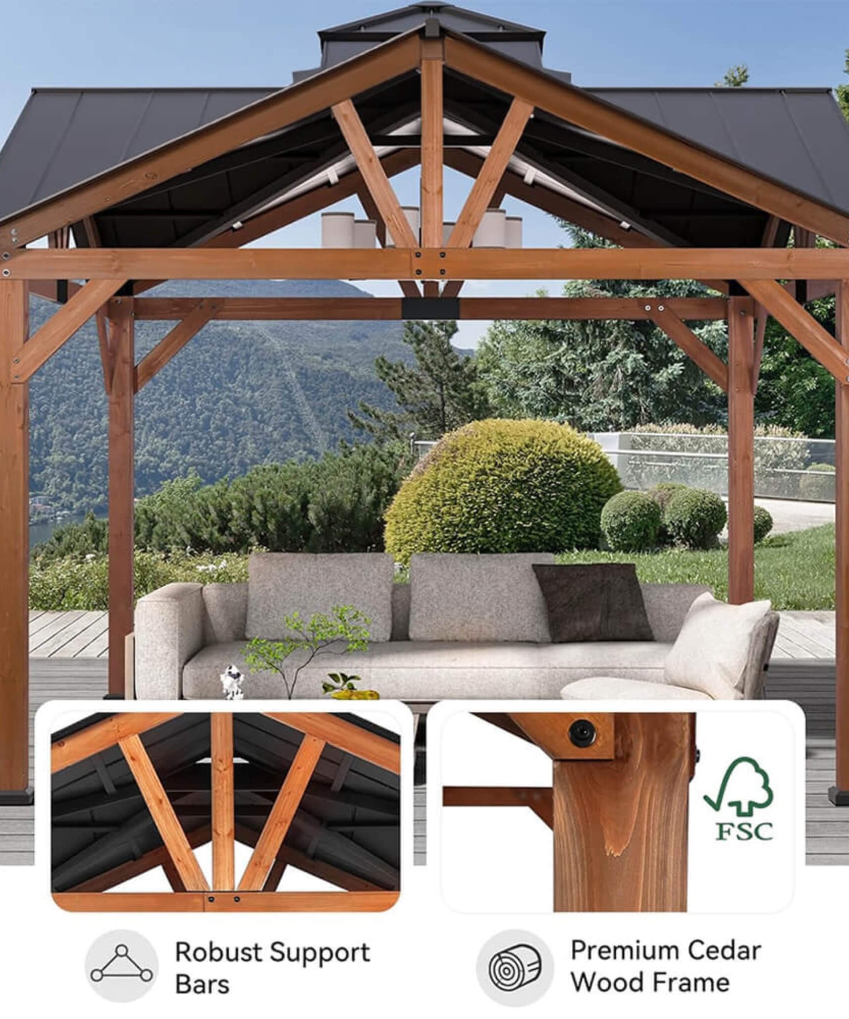 [12X12FT] Alora Premium Outdoor Cedar Wood Hardtop Gazebo With Galvanized Steel Roof (SAK31864)