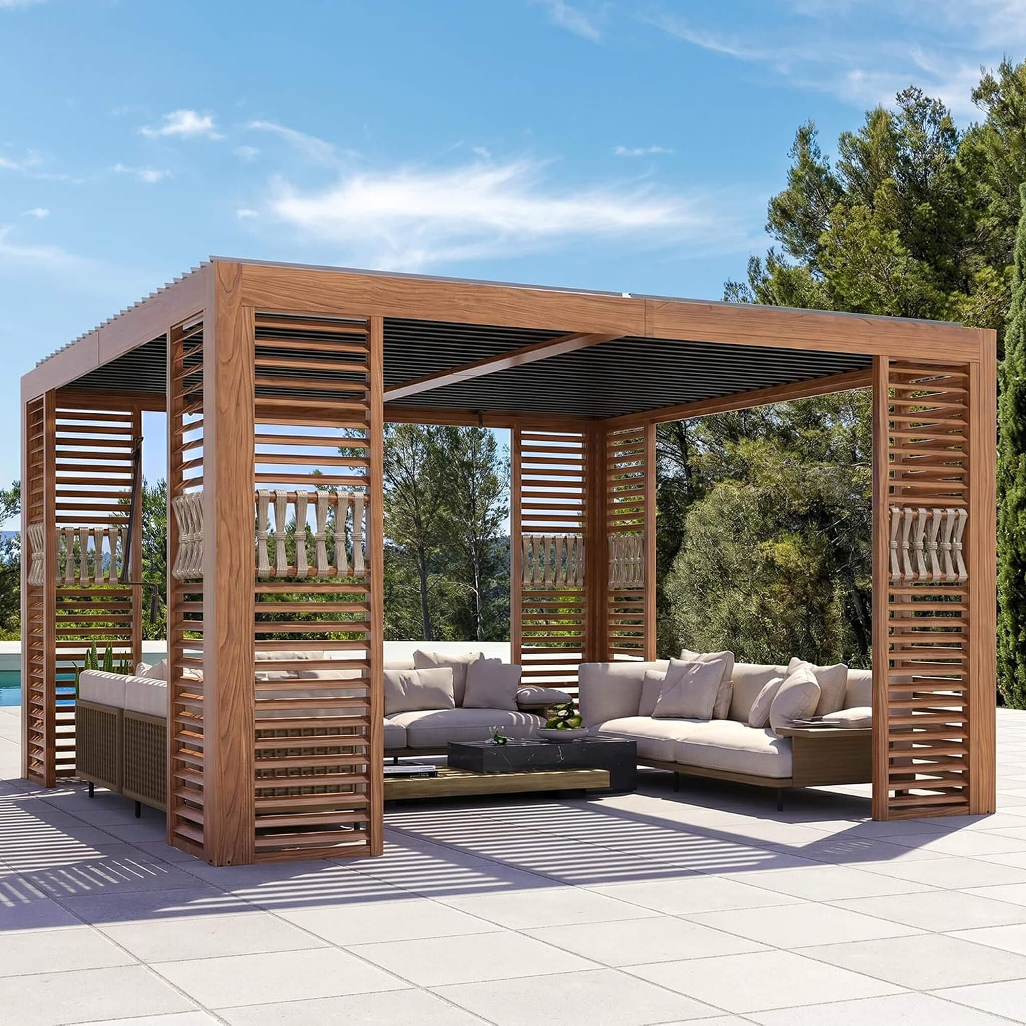 [12X12FT] Alora Premium Outdoor Wood Grain Louvered Pergola With Integrated Drainage (SAK74256)