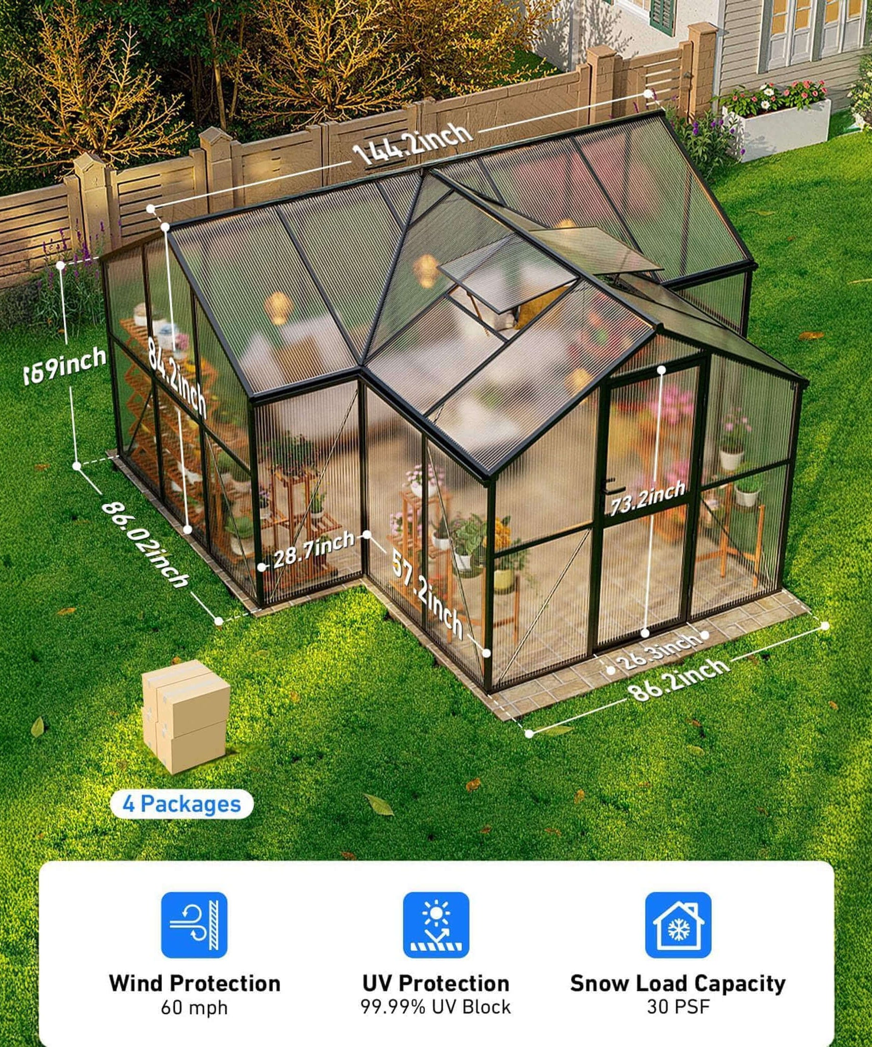 [12X12FT] Premium T-Shape Polycarbonate Greenhouse With UV Protection And Aluminum Frame (SAK27460)