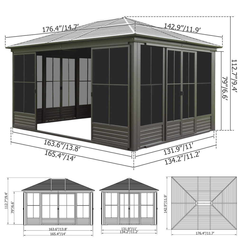 [12X14FT] Alora Serenity Premium All-Weather Outdoor Aluminum Sunroom With Galvanized Steel Hardtop Sloping Roof, Lockable Doors, And Moveable PC Screens (SAK76831)
