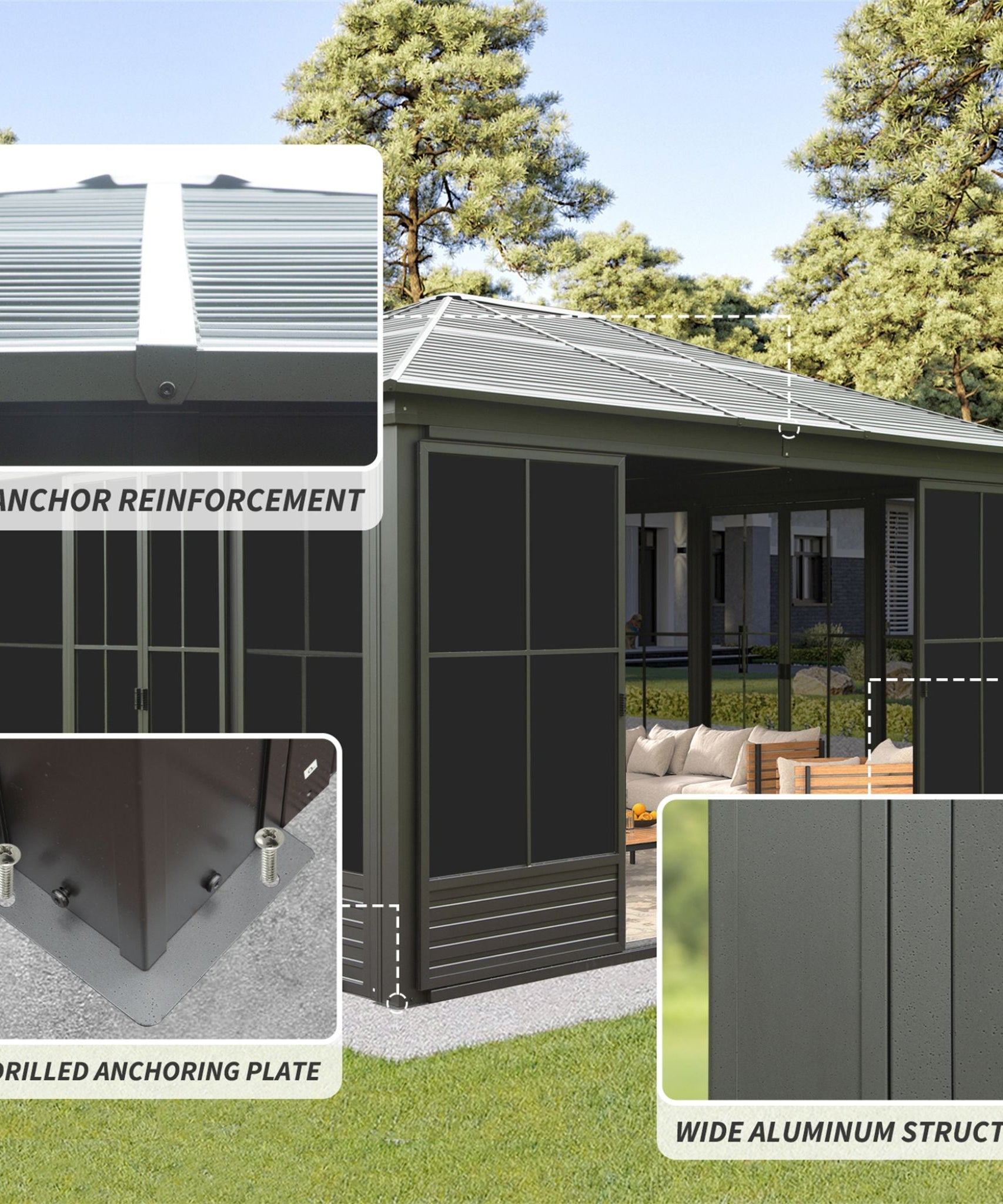 [12X14FT] Alora Serenity Premium All-Weather Outdoor Aluminum Sunroom With Galvanized Steel Hardtop Sloping Roof, Lockable Doors, And Moveable PC Screens (SAK76831)