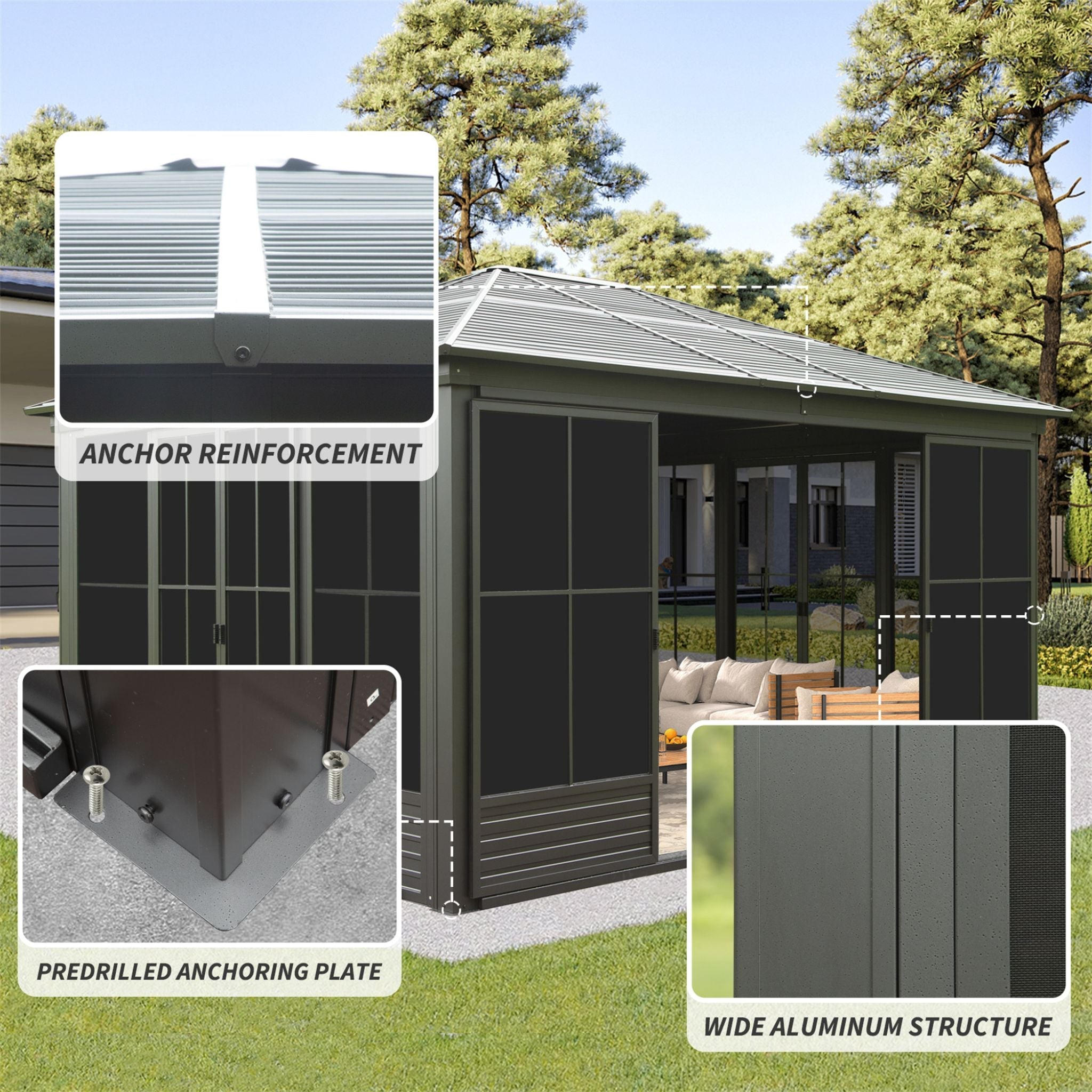 [12X14FT] Alora Serenity Premium All-Weather Outdoor Aluminum Sunroom With Galvanized Steel Hardtop Sloping Roof, Lockable Doors, And Moveable PC Screens (SAK76831)
