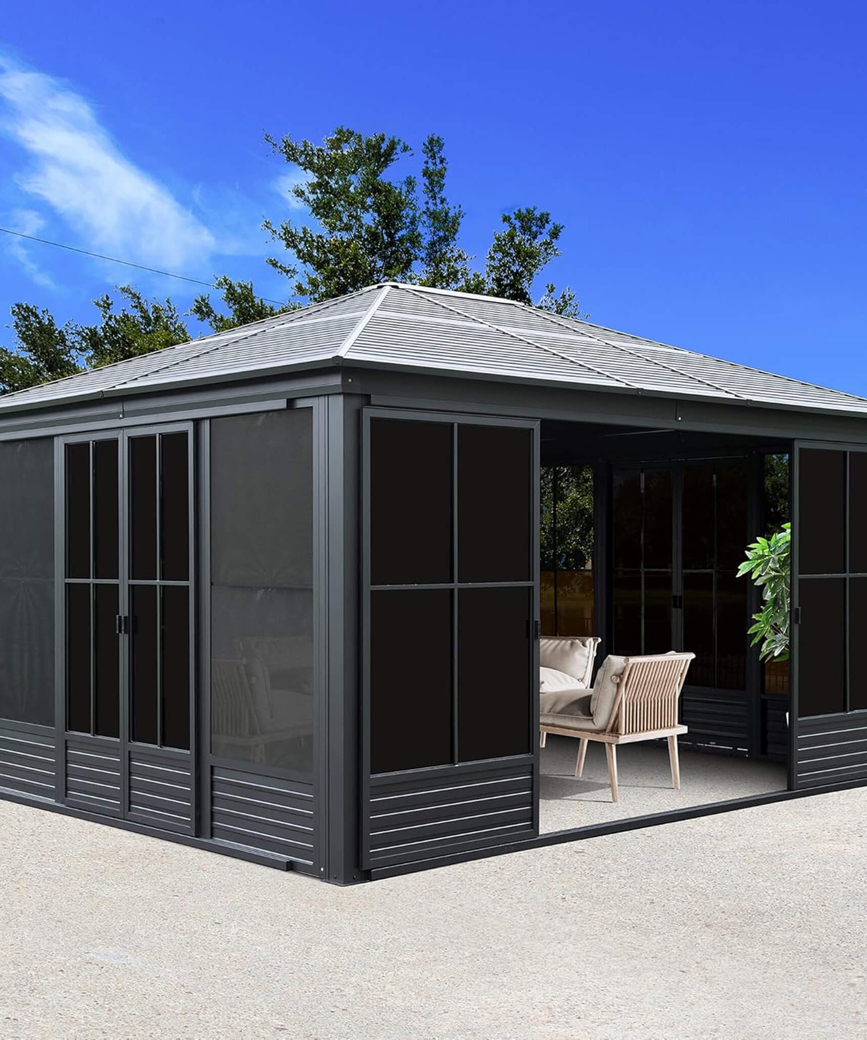 [12X14FT] Alora Serenity Premium All-Weather Outdoor Aluminum Sunroom With Galvanized Steel Hardtop Sloping Roof, Lockable Doors, And Moveable PC Screens (SAK76831)