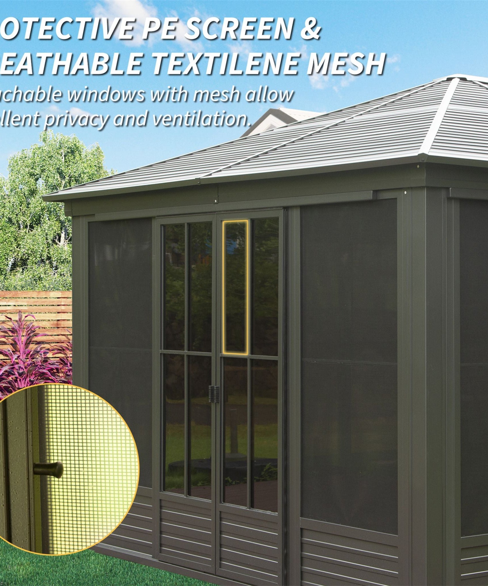 [12X14FT] Alora Serenity Premium All-Weather Outdoor Aluminum Sunroom With Galvanized Steel Hardtop Sloping Roof, Lockable Doors, And Moveable PC Screens (SAK76831)