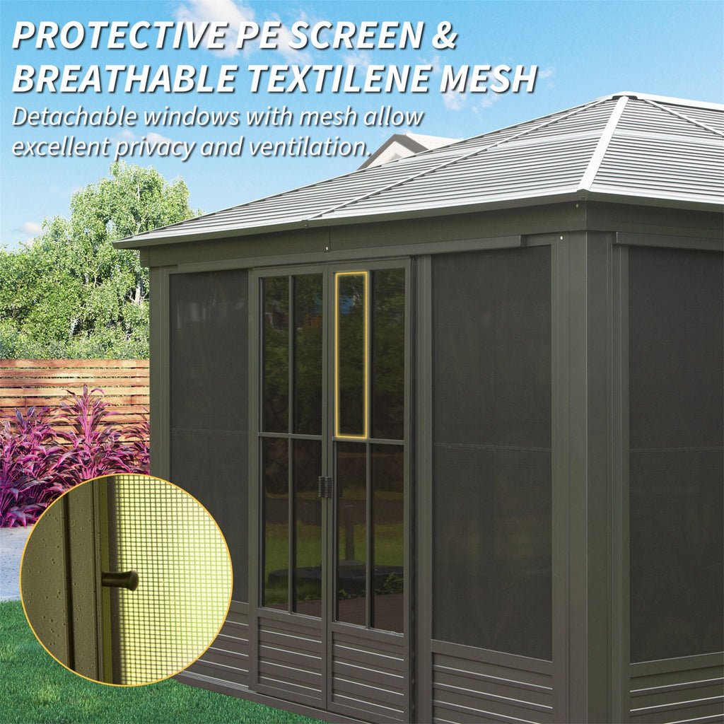 [12X14FT] Alora Serenity Premium All-Weather Outdoor Aluminum Sunroom With Galvanized Steel Hardtop Sloping Roof, Lockable Doors, And Moveable PC Screens (SAK76831)