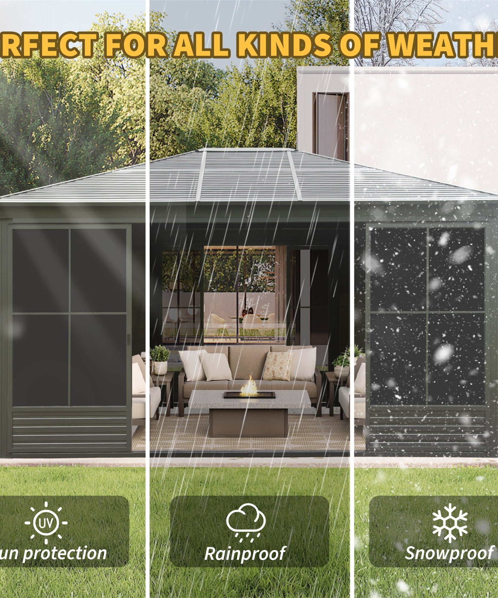 [12X14FT] Alora Serenity Premium All-Weather Outdoor Aluminum Sunroom With Galvanized Steel Hardtop Sloping Roof, Lockable Doors, And Moveable PC Screens (SAK76831)