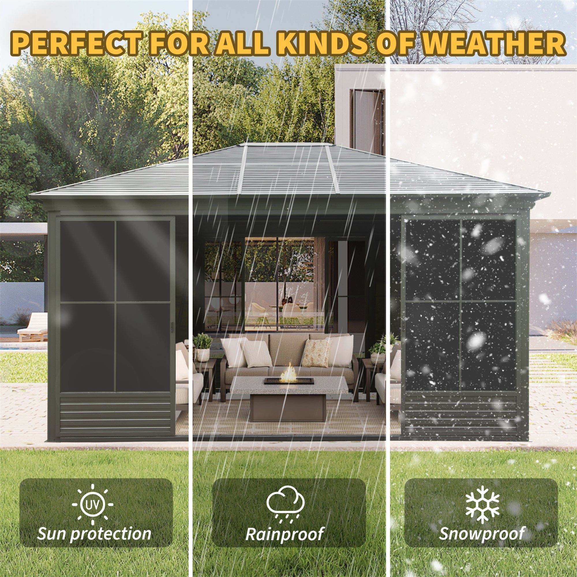 [12X14FT] Alora Serenity Premium All-Weather Outdoor Aluminum Sunroom With Galvanized Steel Hardtop Sloping Roof, Lockable Doors, And Moveable PC Screens (SAK76831)