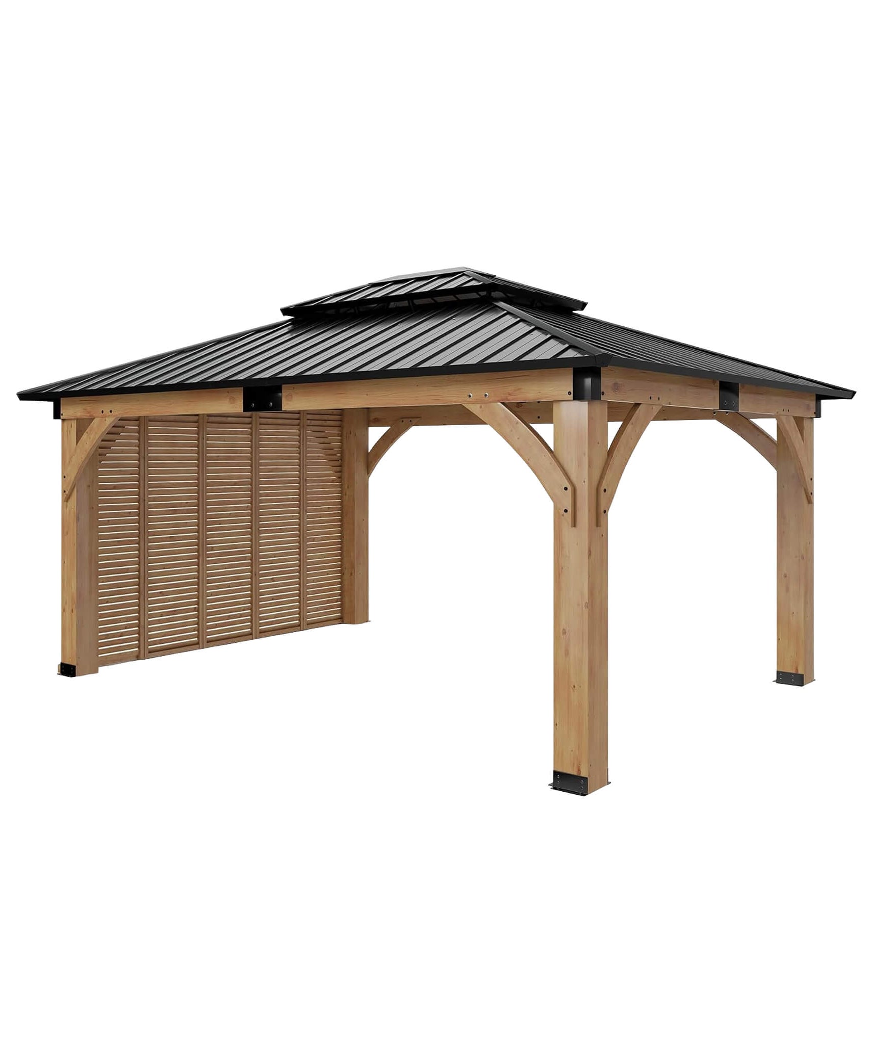 [12X14FT] Alora Modern Double-Tier Hardtop Spruce Wood Gazebo With Built-In Privacy Wall & Ceiling Hooks (SAK75086)