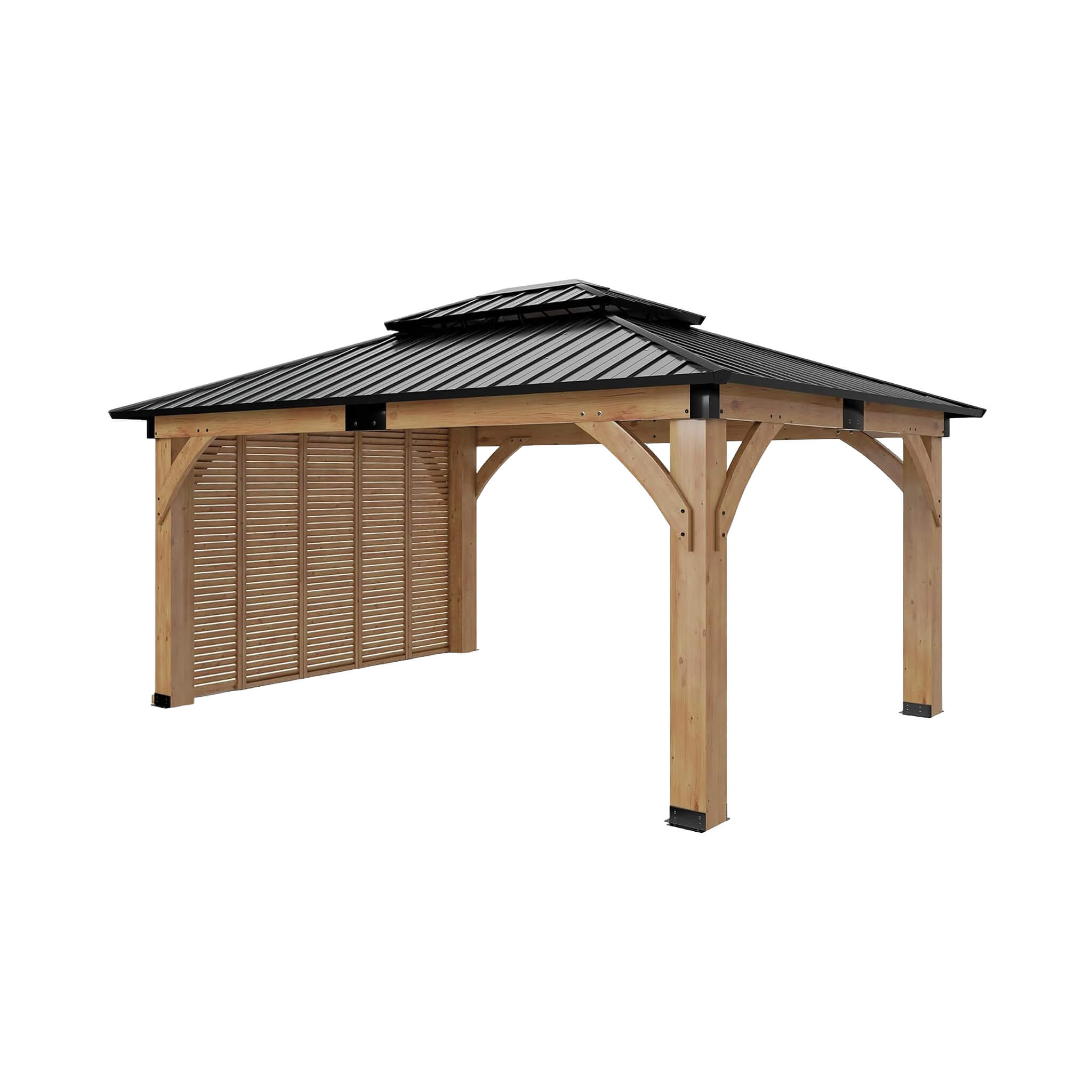 [12X14FT] Alora Modern Double-Tier Hardtop Spruce Wood Gazebo With Built-In Privacy Wall & Ceiling Hooks (SAK75086)