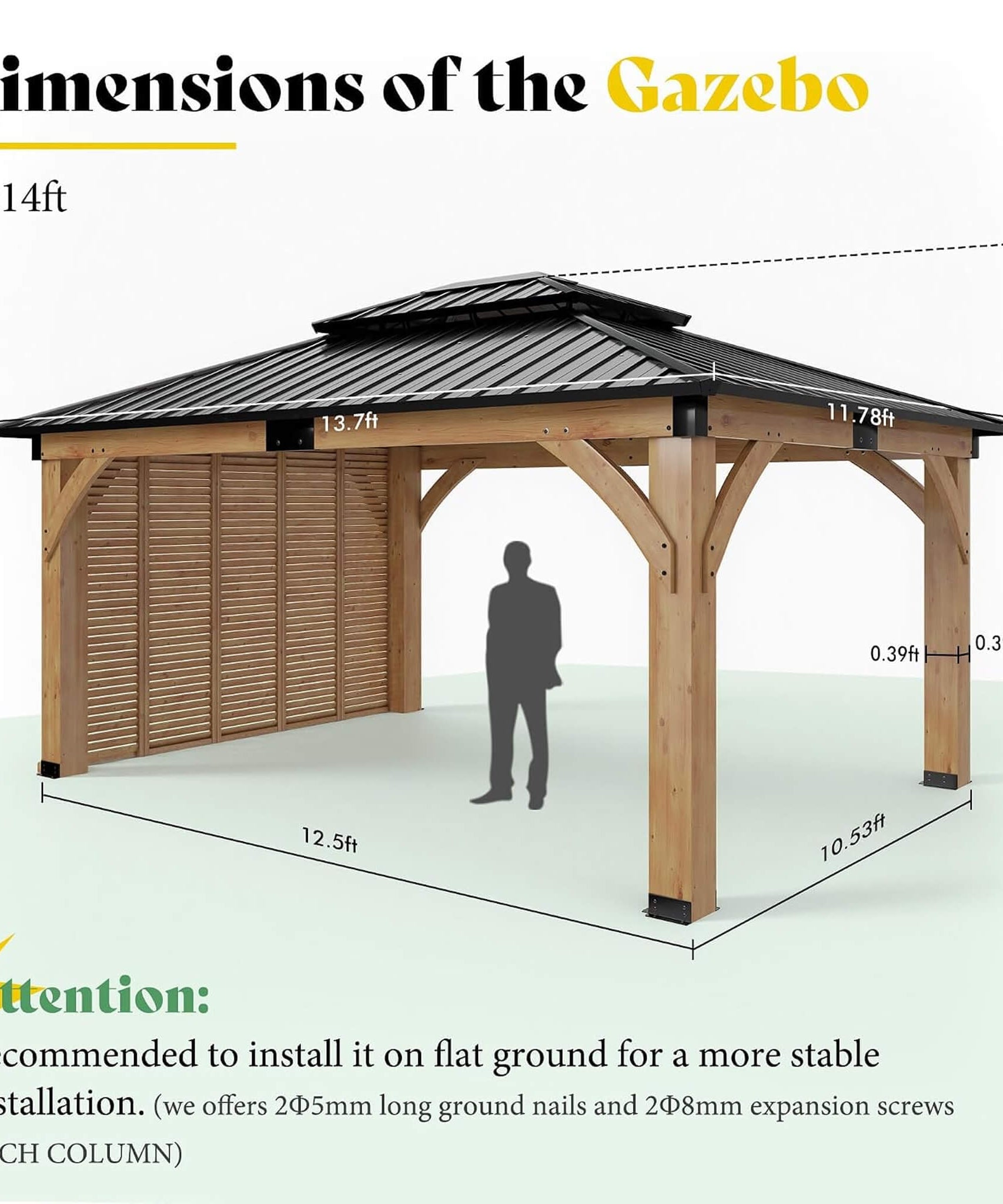[12X14FT] Alora Modern Double-Tier Hardtop Spruce Wood Gazebo With Built-In Privacy Wall & Ceiling Hooks (SAK75086)