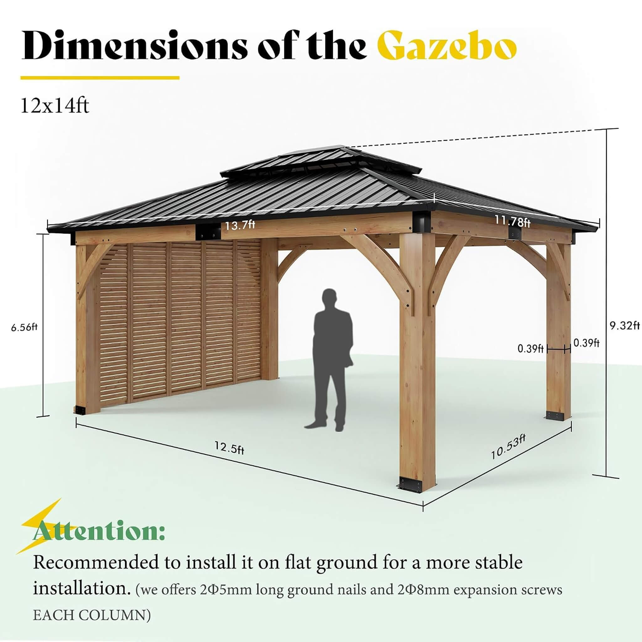 [12X14FT] Alora Modern Double-Tier Hardtop Spruce Wood Gazebo With Built-In Privacy Wall & Ceiling Hooks (SAK75086)