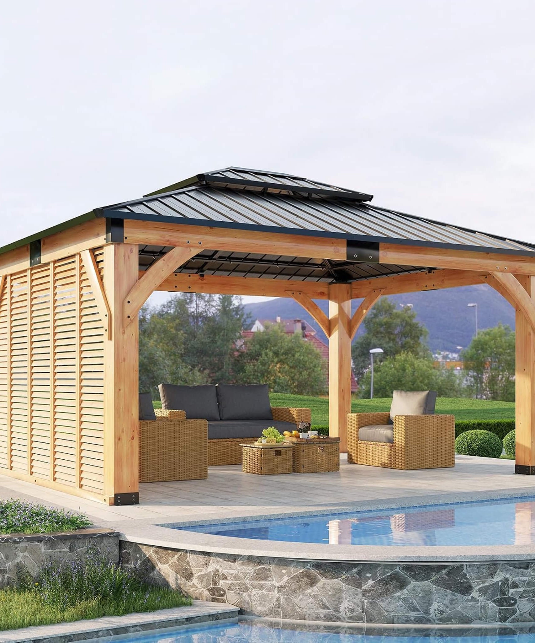 [12X14FT] Alora Modern Double-Tier Hardtop Spruce Wood Gazebo With Built-In Privacy Wall & Ceiling Hooks (SAK75086)