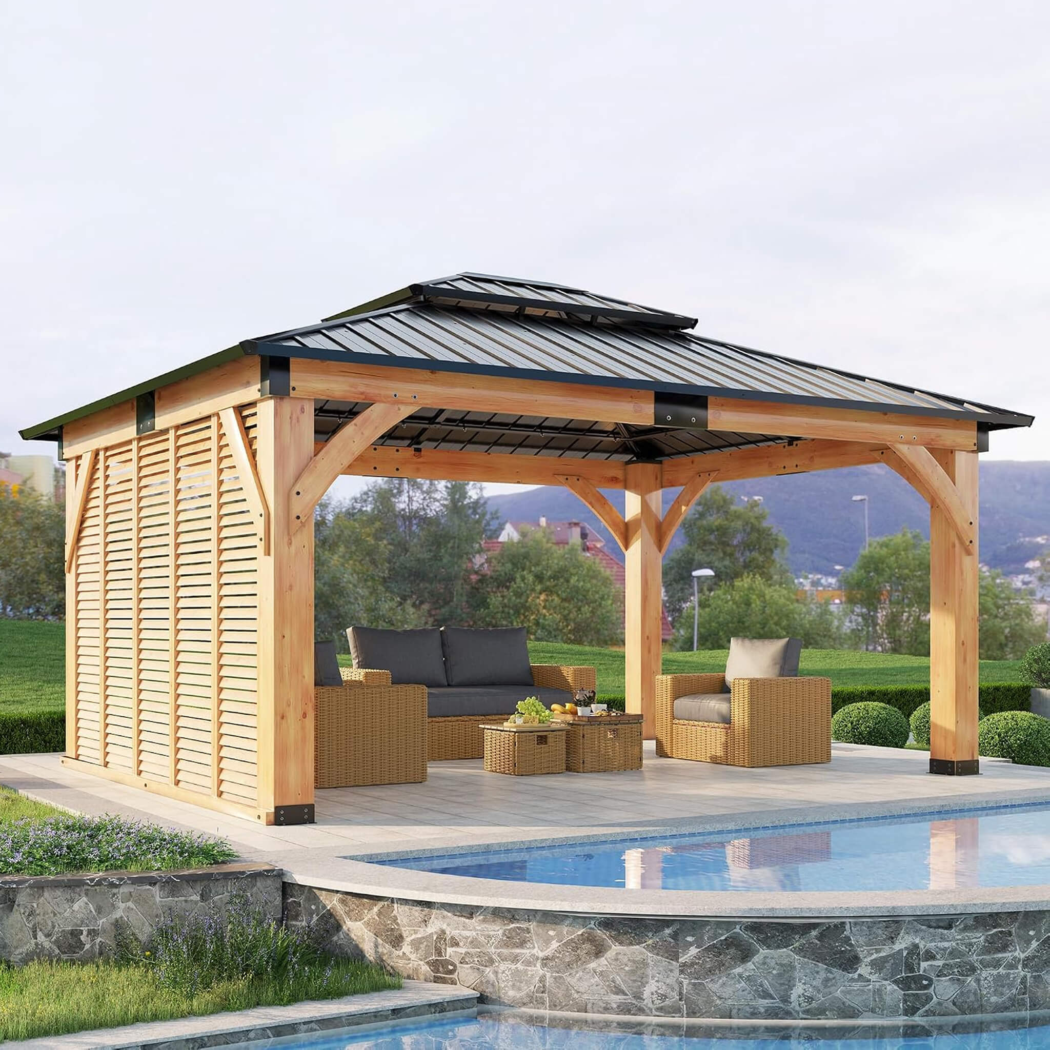 [12X14FT] Alora Modern Double-Tier Hardtop Spruce Wood Gazebo With Built-In Privacy Wall & Ceiling Hooks (SAK75086)