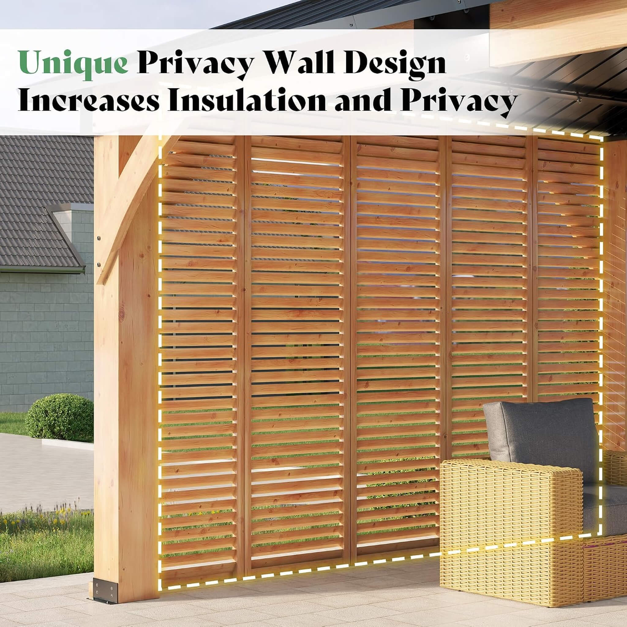 [12X14FT] Alora Modern Double-Tier Hardtop Spruce Wood Gazebo With Built-In Privacy Wall & Ceiling Hooks (SAK75086)