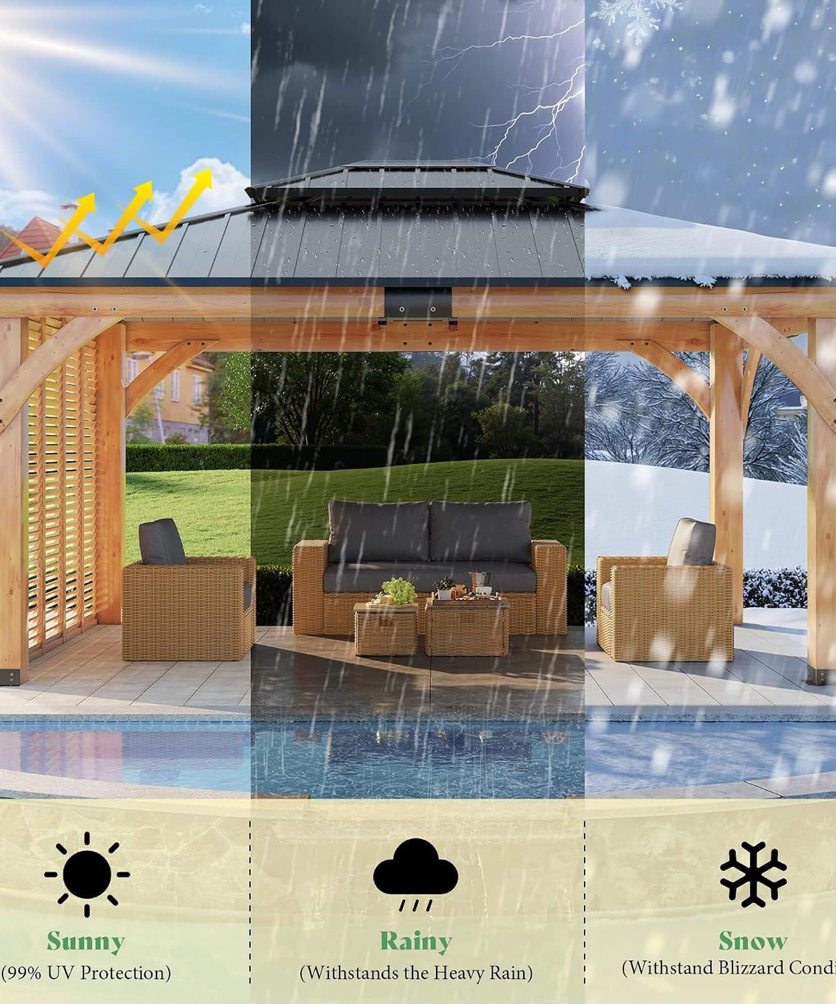 [12X14FT] Alora Modern Double-Tier Hardtop Spruce Wood Gazebo With Built-In Privacy Wall & Ceiling Hooks (SAK75086)