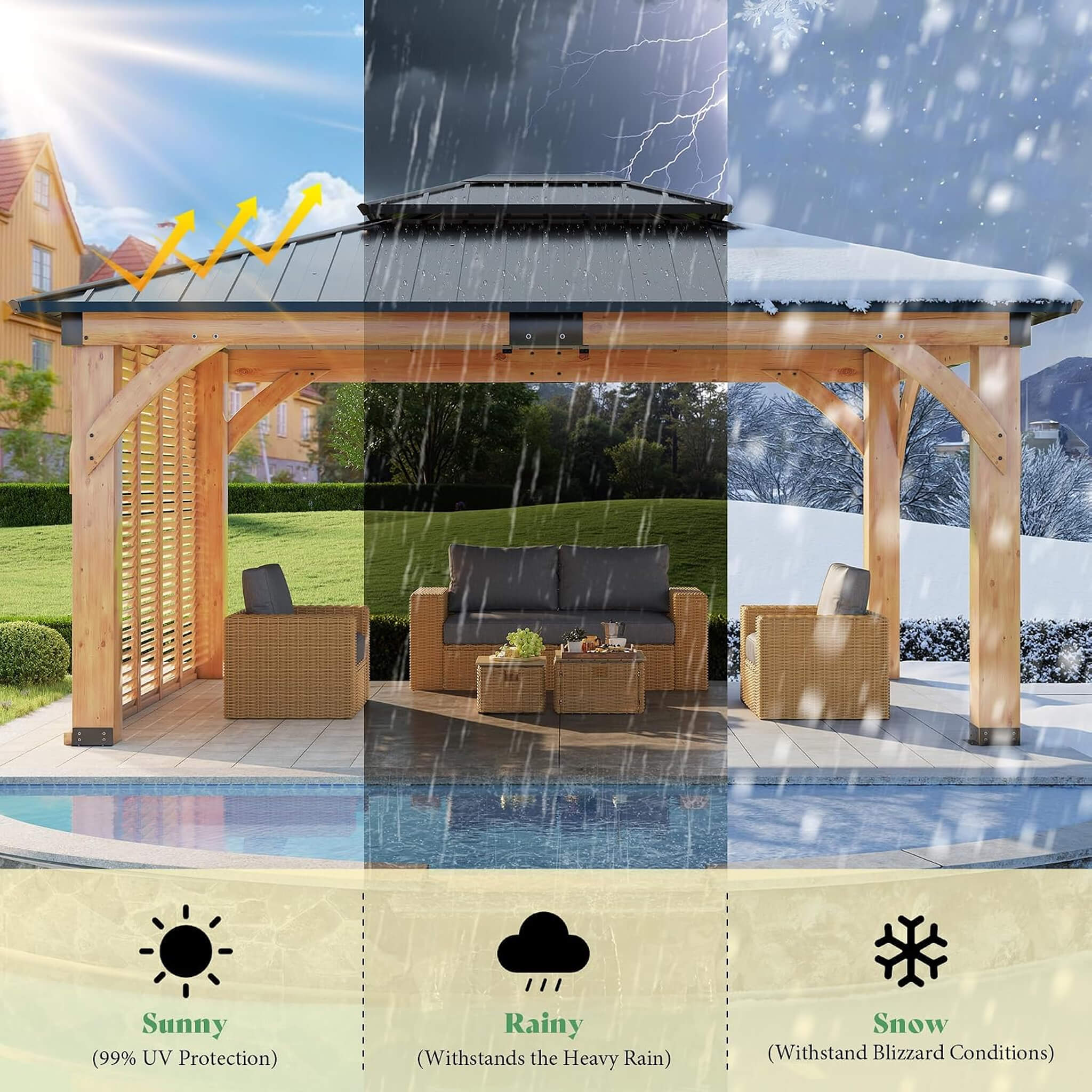 [12X14FT] Alora Modern Double-Tier Hardtop Spruce Wood Gazebo With Built-In Privacy Wall & Ceiling Hooks (SAK75086)