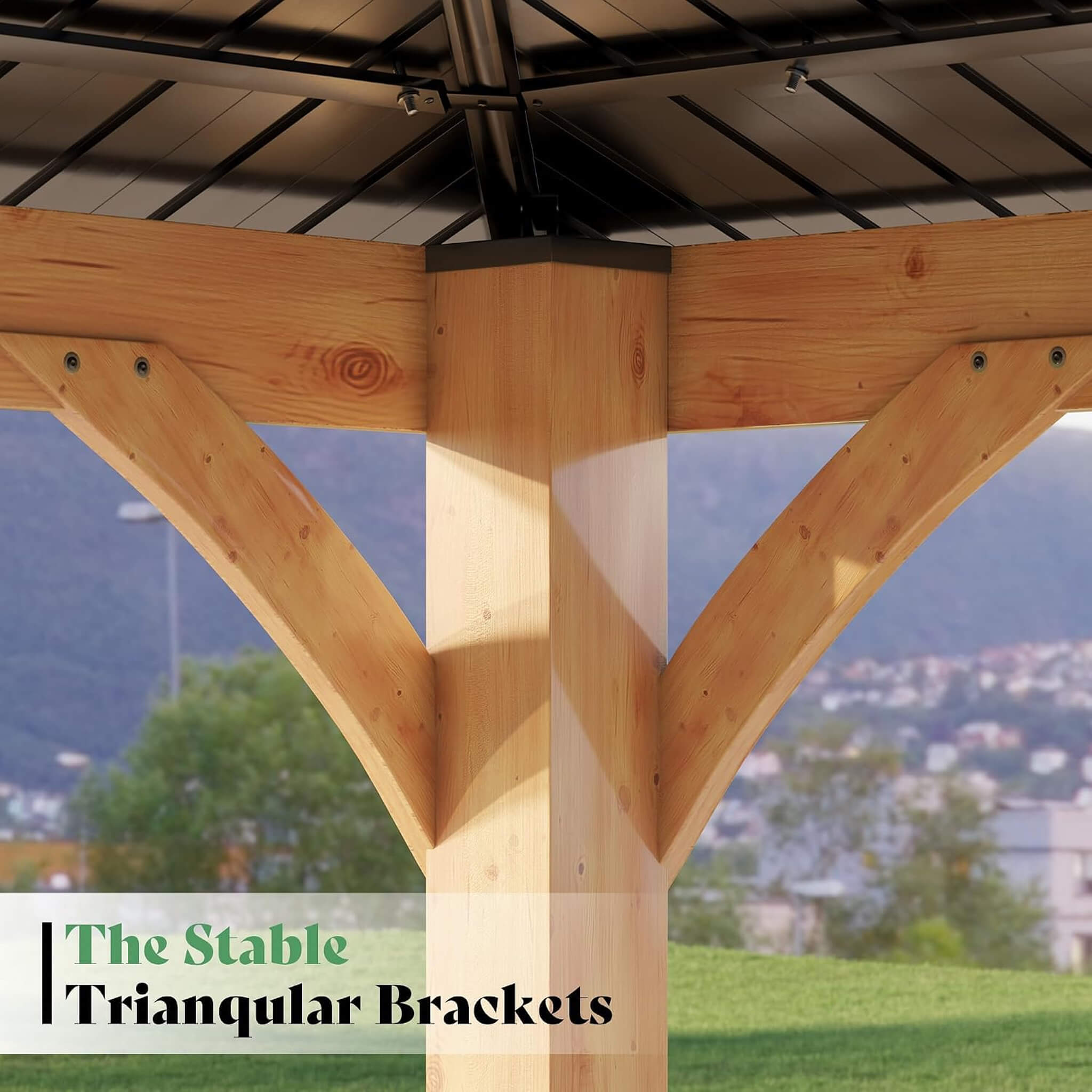 [12X14FT] Alora Modern Double-Tier Hardtop Spruce Wood Gazebo With Built-In Privacy Wall & Ceiling Hooks (SAK75086)