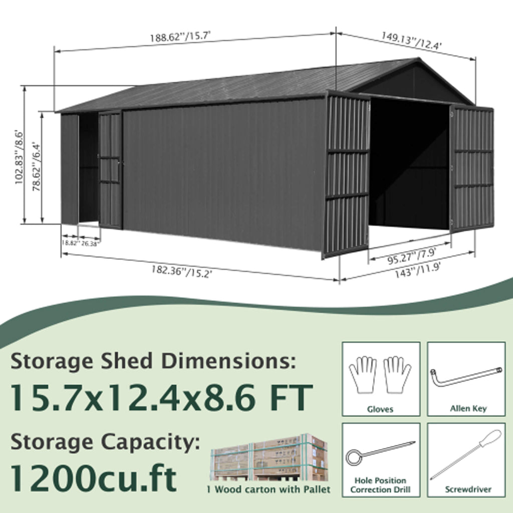 Extra-Large Outdoor Heavy-Duty Metal Garage Shed With Lockable Doors [No Floor] (SAK14093)