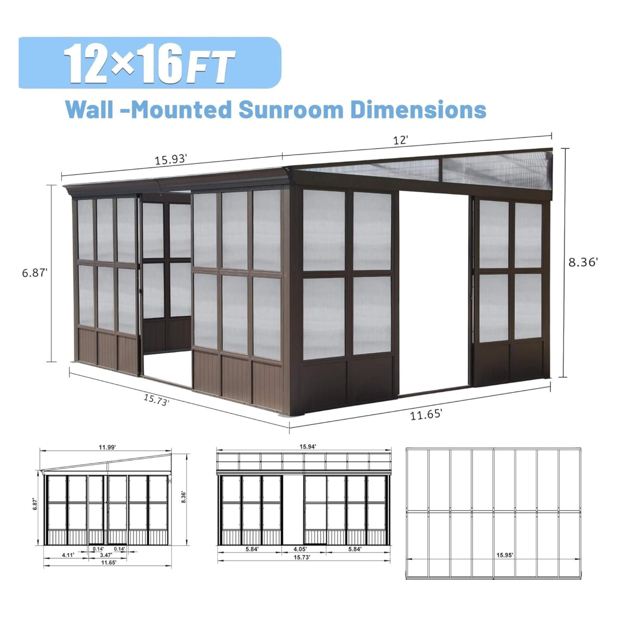 [12x16FT] Alora Pavilion Extra-Large All-Season Outdoor Wall-Mounted Sunroom Solarium With Detachable Polycarbonate Windows And Lockable Sliding Doors (SAK97835)
