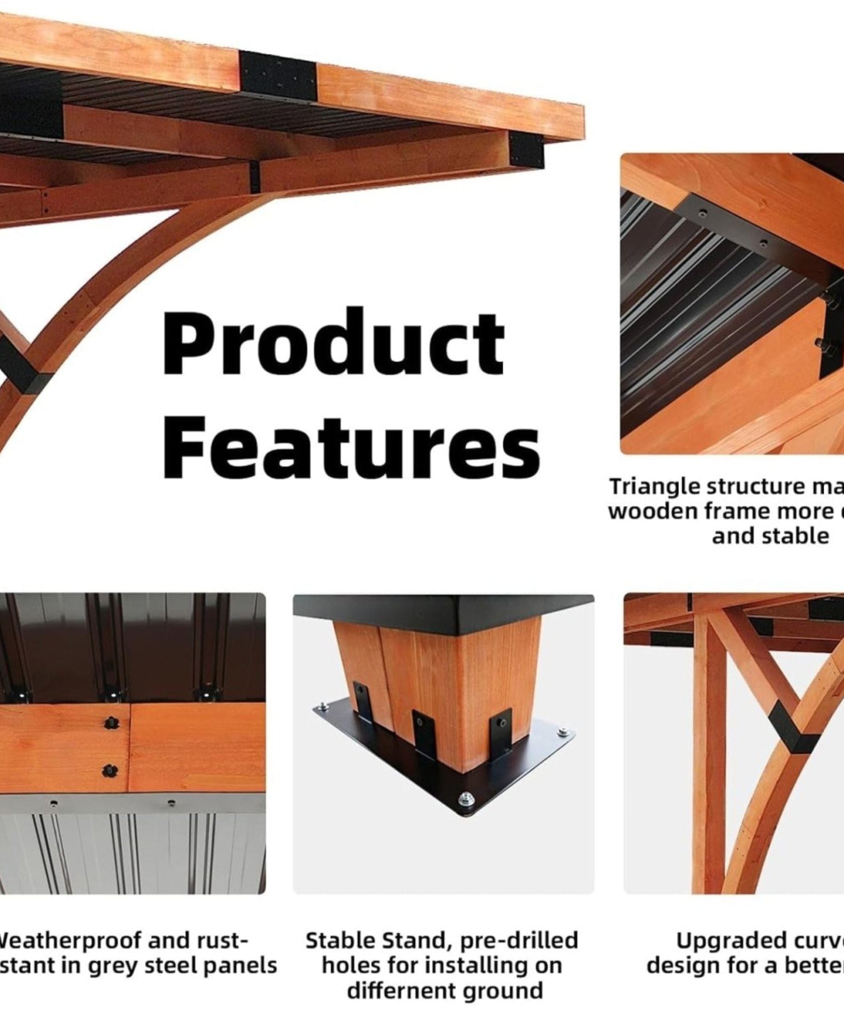 [12X18FT] Alora Premium Heavy-Duty Pine Wood Arc-Shaped Carport With Metal Roof (SAK94716)