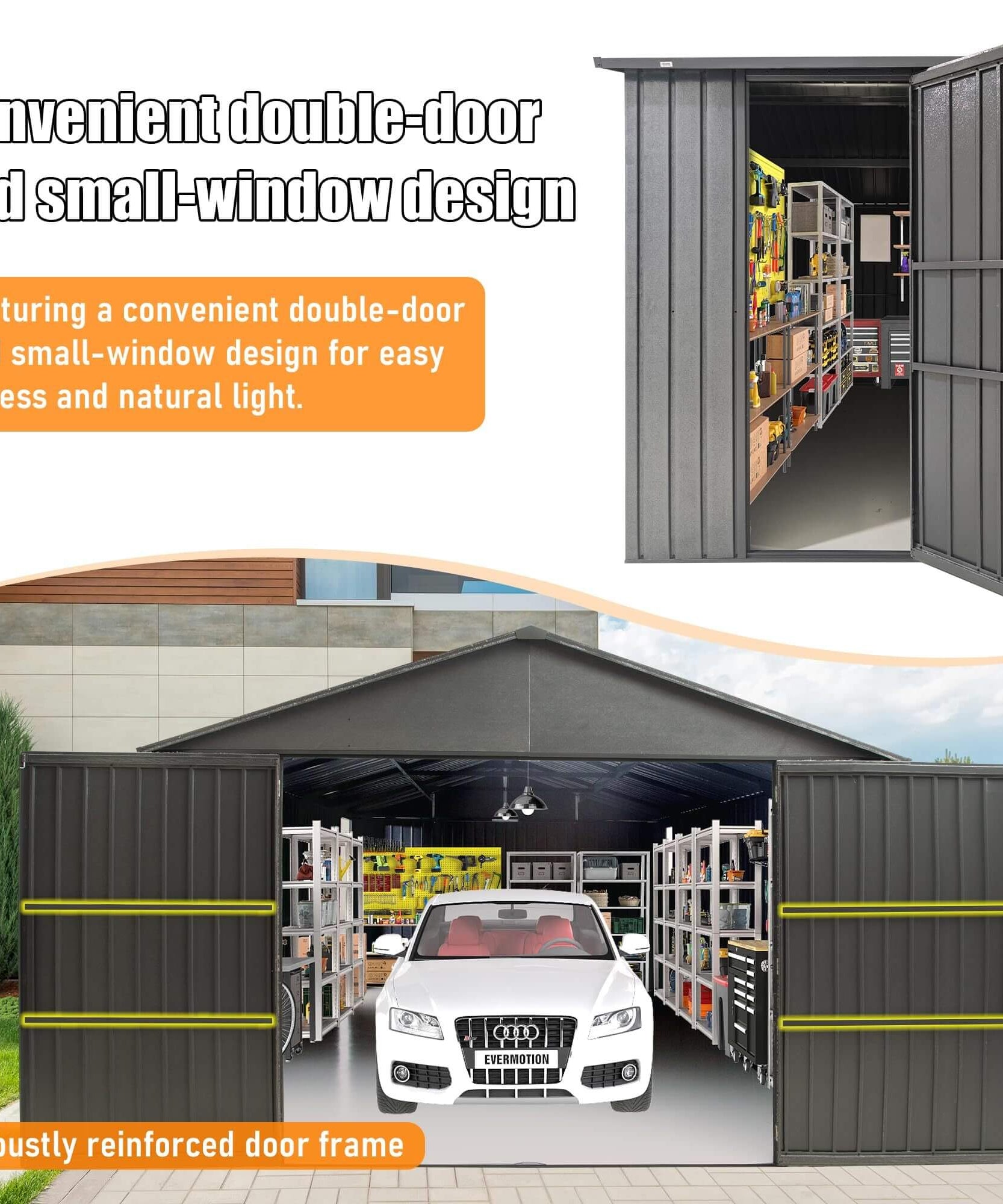 Extra-Large Outdoor Heavy-Duty Metal Garage Shed With Lockable Doors [No Floor] (SAK14093)