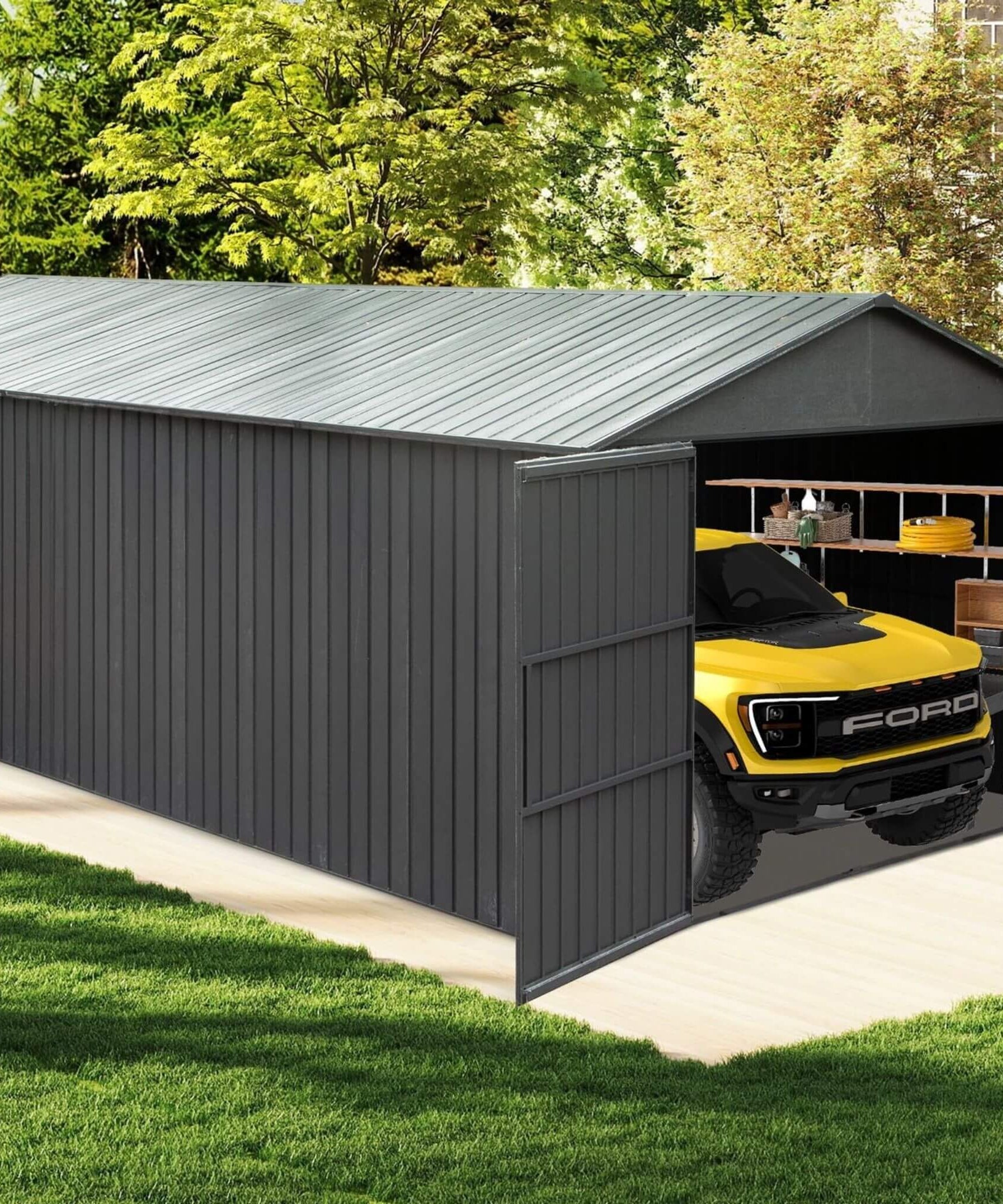 Extra-Large Outdoor Heavy-Duty Metal Garage Shed With Lockable Doors [No Floor] (SAK14093)