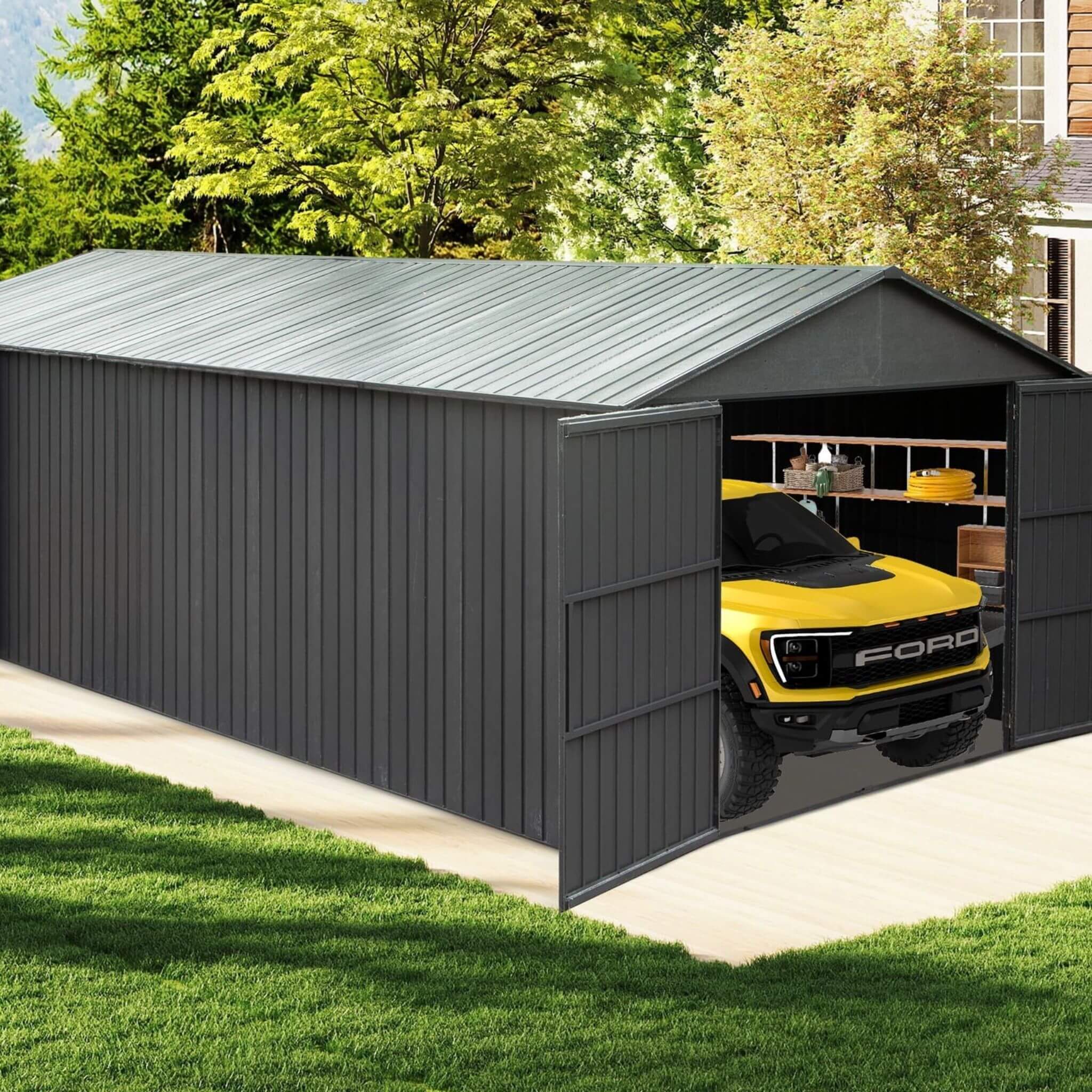 Extra-Large Outdoor Heavy-Duty Metal Garage Shed With Lockable Doors [No Floor] (SAK14093)