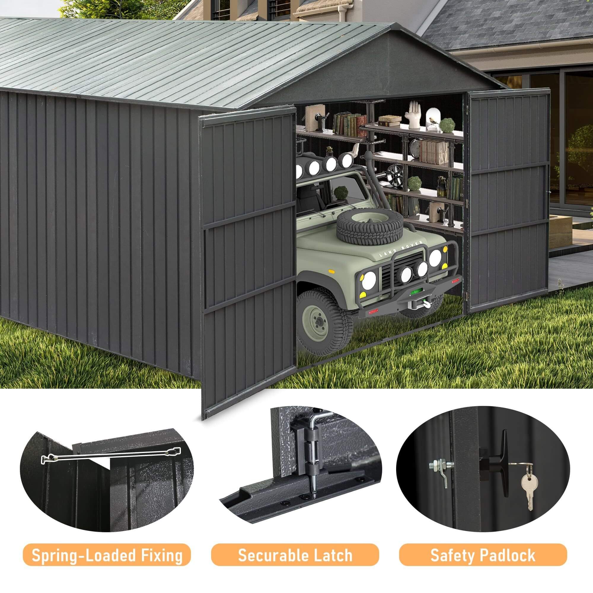 Extra-Large Outdoor Heavy-Duty Metal Garage Shed With Lockable Doors [No Floor] (SAK14093)