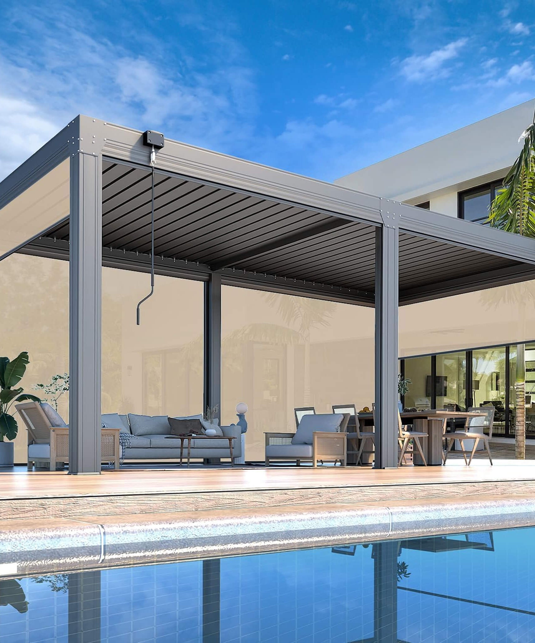 Alora Louvered Aluminum Pergola With Adjustable Roof And Pull-Down Screens (SAK46817)