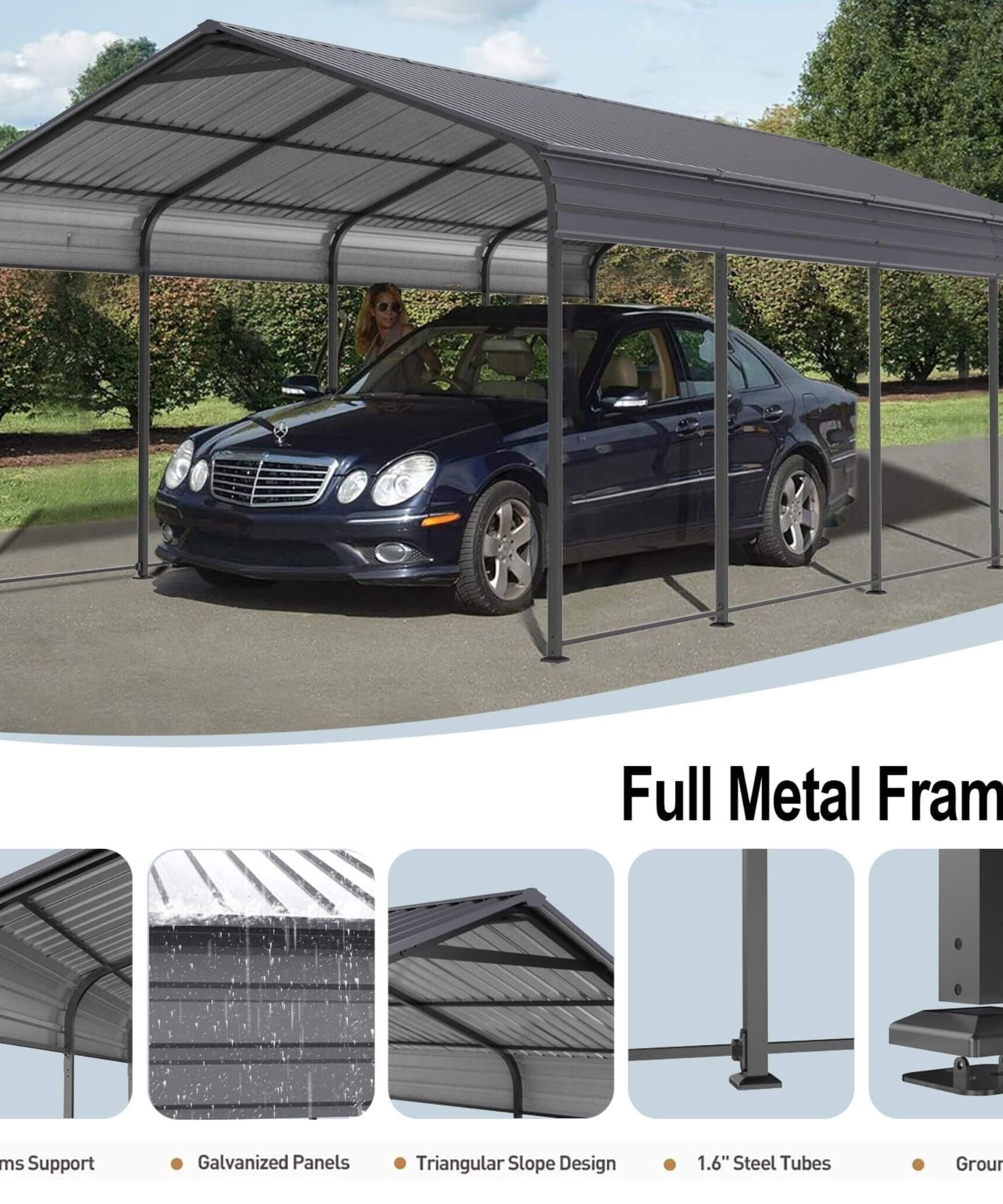 [12X20FT] Alora Heavy-Duty Metal Carport With Galvanized Steel Roof For Car, Boats And Trucks, Gray (SAK95562)