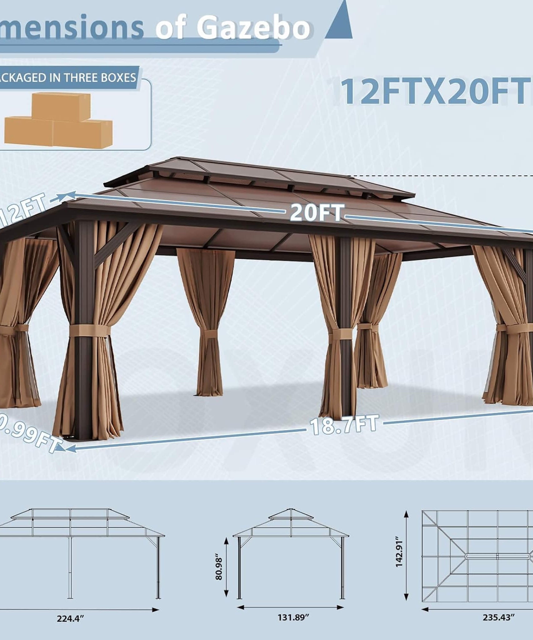 [12X20FT] Alora Premium Aluminum Outdoor Polycarbonate Hardtop Gazebo With Netting & Curtains (SAK36580)