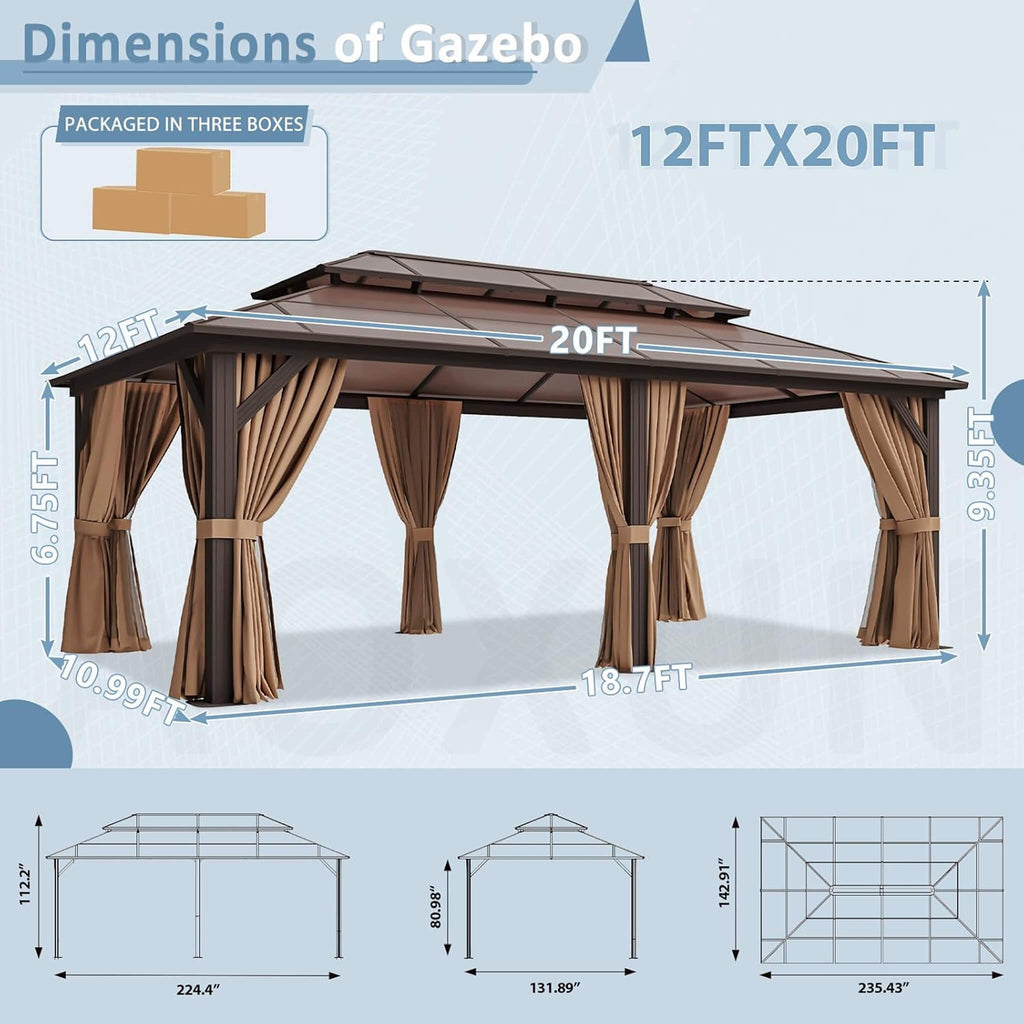 [12X20FT] Alora Premium Aluminum Outdoor Polycarbonate Hardtop Gazebo With Netting & Curtains (SAK36580)