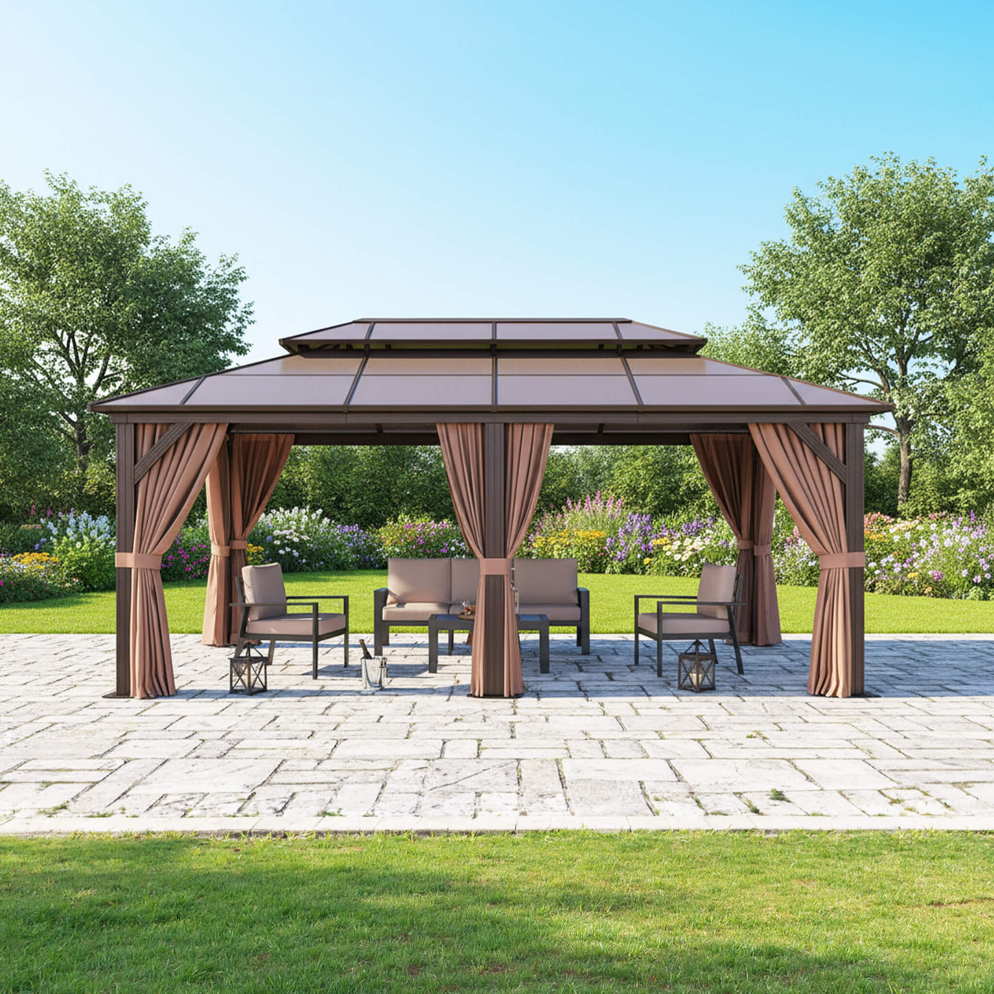 [12X20FT] Alora Premium Aluminum Outdoor Polycarbonate Hardtop Gazebo With Netting & Curtains (SAK36580)