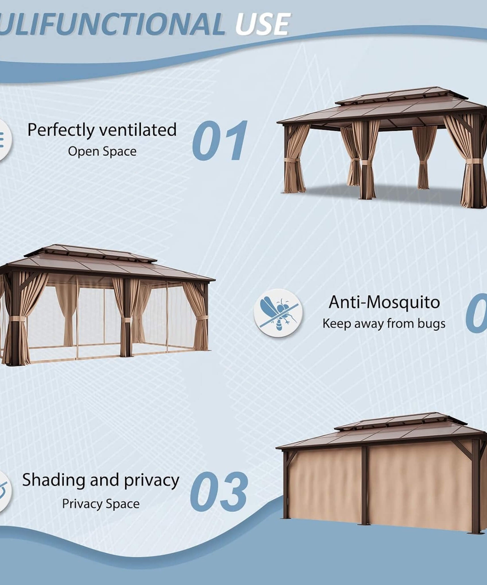 [12X20FT] Alora Premium Aluminum Outdoor Polycarbonate Hardtop Gazebo With Netting & Curtains (SAK36580)