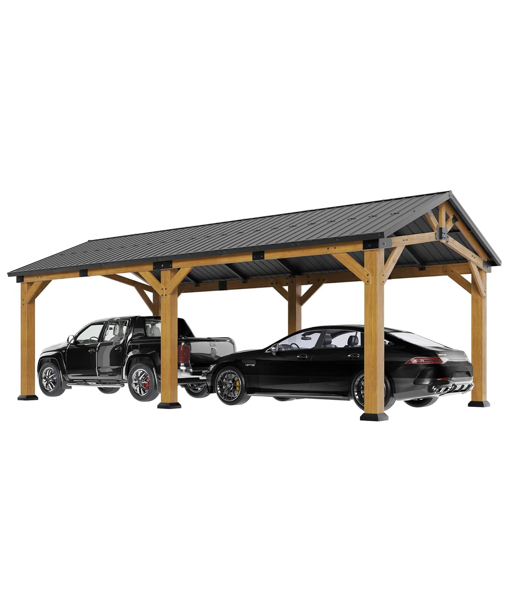 [12X24FT] Alora Large Heavy-Duty Outdoor Cedar Wood Hardtop Carport With Galvanized Steel Roof (SAK48392)