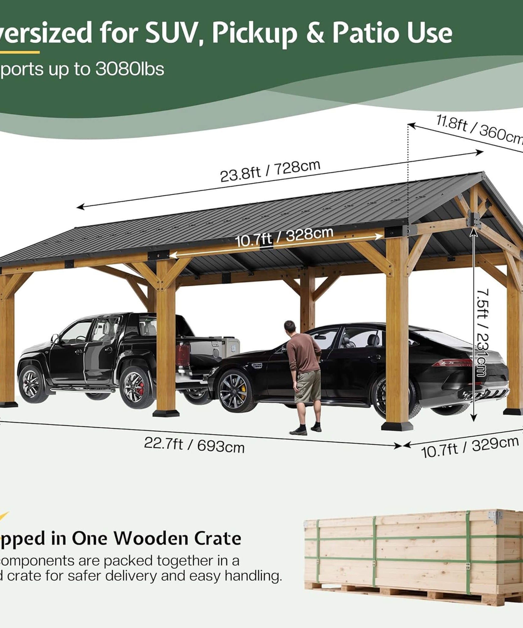 [12X24FT] Alora Large Heavy-Duty Outdoor Cedar Wood Hardtop Carport With Galvanized Steel Roof (SAK48392)