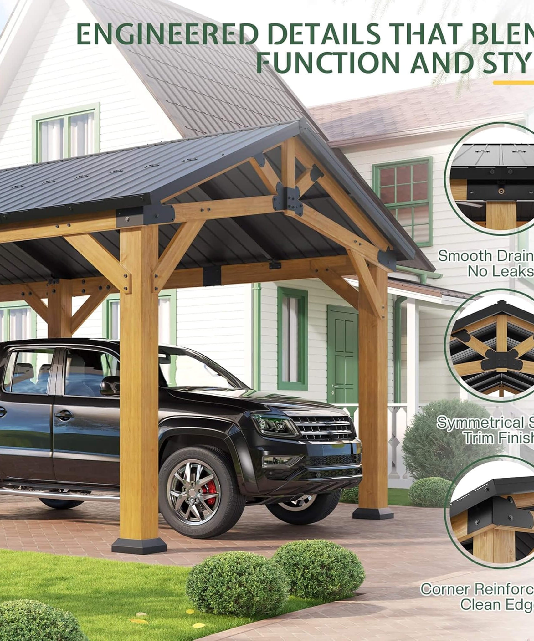 [12X24FT] Alora Large Heavy-Duty Outdoor Cedar Wood Hardtop Carport With Galvanized Steel Roof (SAK48392)