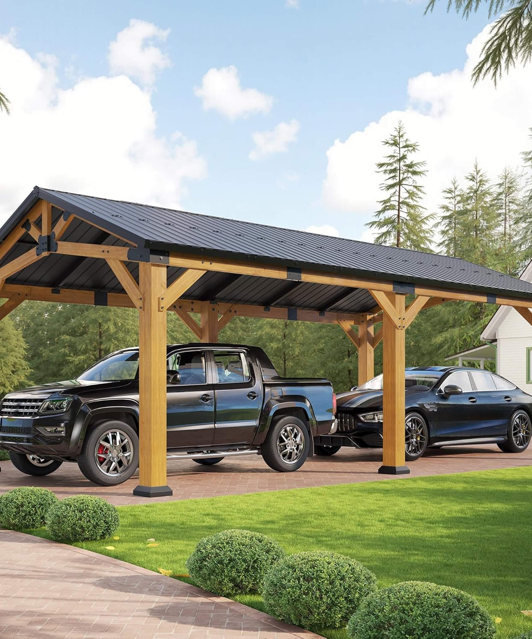 [12X24FT] Alora Large Heavy-Duty Outdoor Cedar Wood Hardtop Carport With Galvanized Steel Roof (SAK48392)