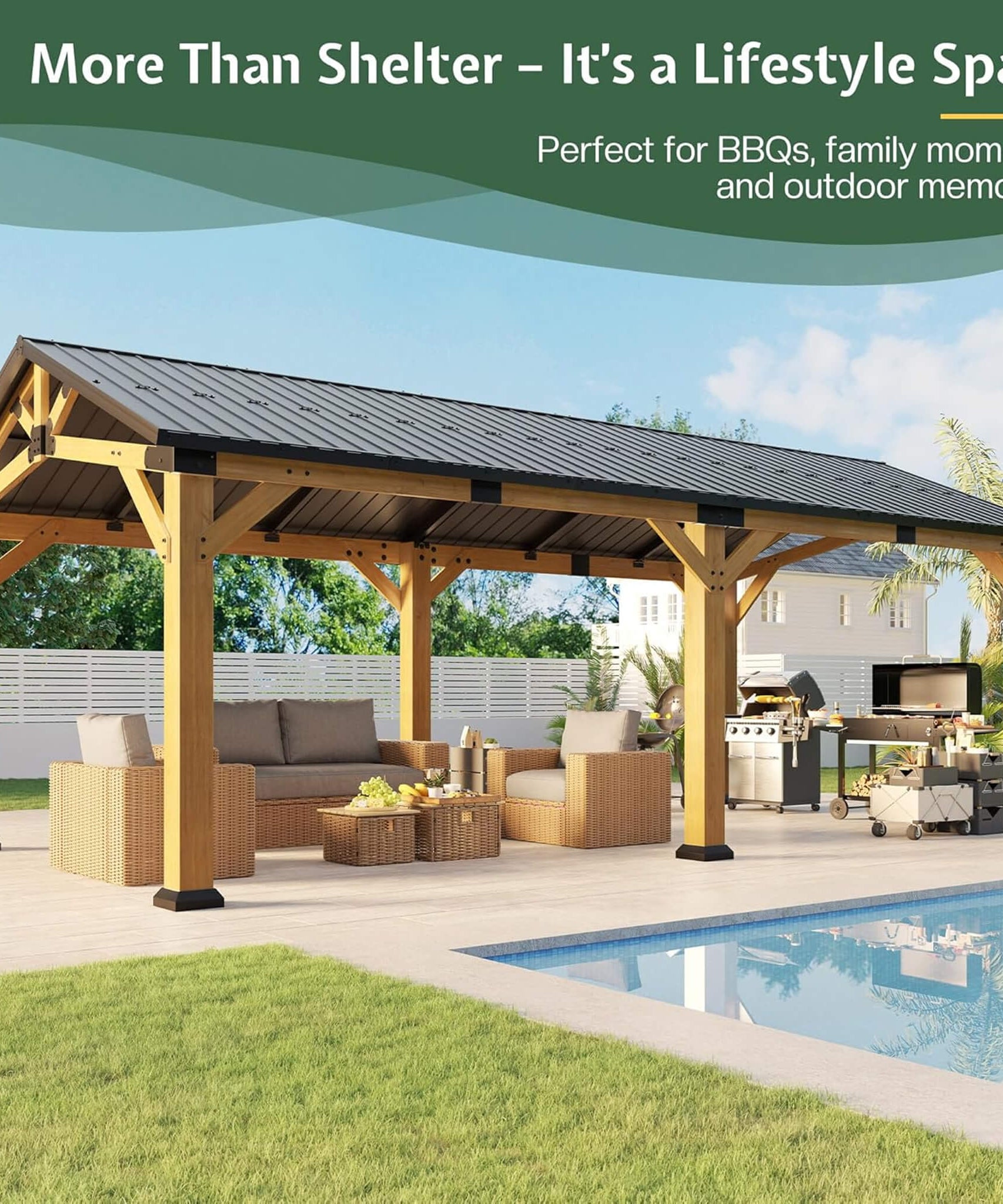 [12X24FT] Alora Large Heavy-Duty Outdoor Cedar Wood Hardtop Carport With Galvanized Steel Roof (SAK48392)
