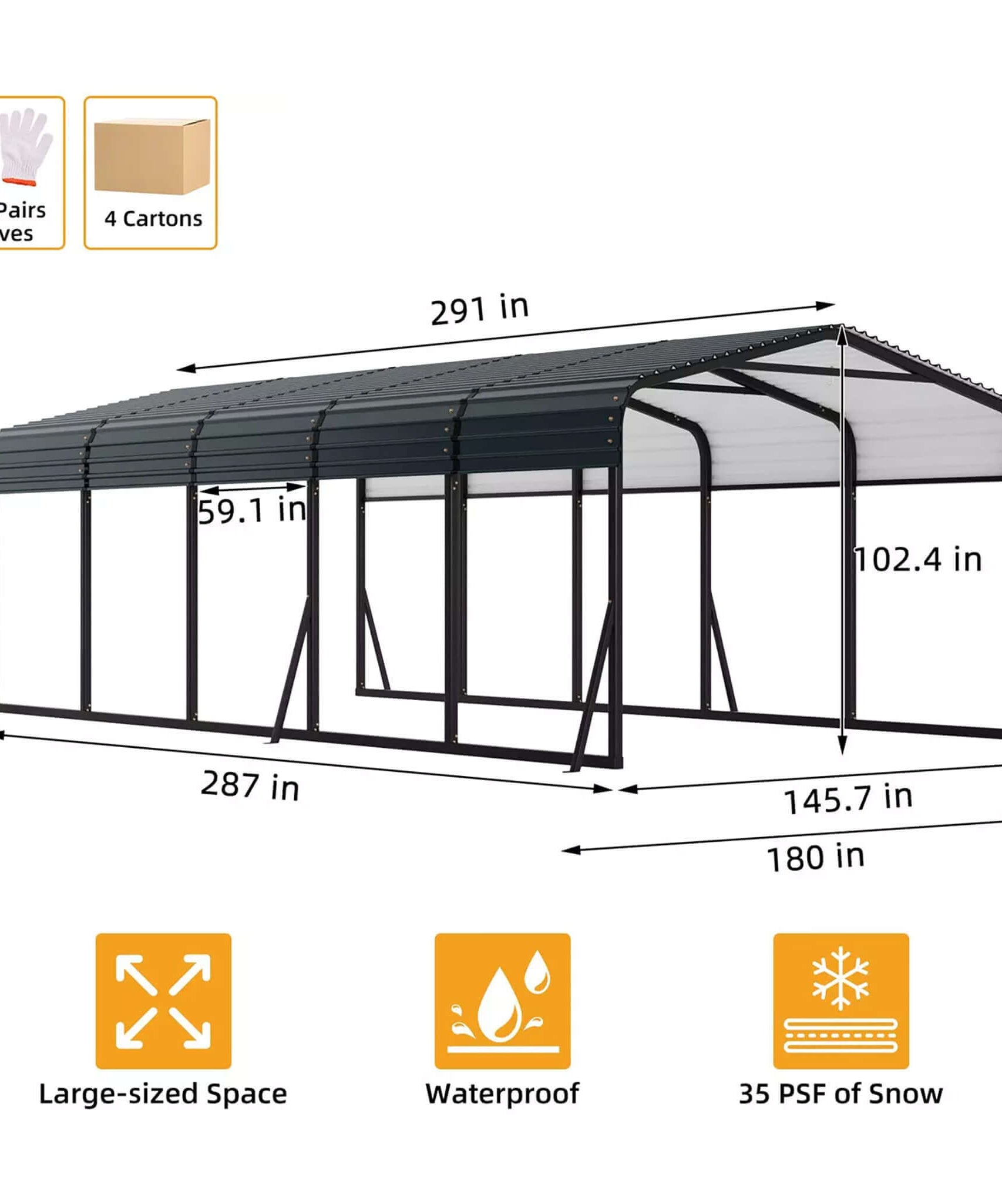 [12X24FT] Alora Large Heavy-Duty Outdoor Metal Carport Kit With Galvanized Steel Roof (SAK53849)